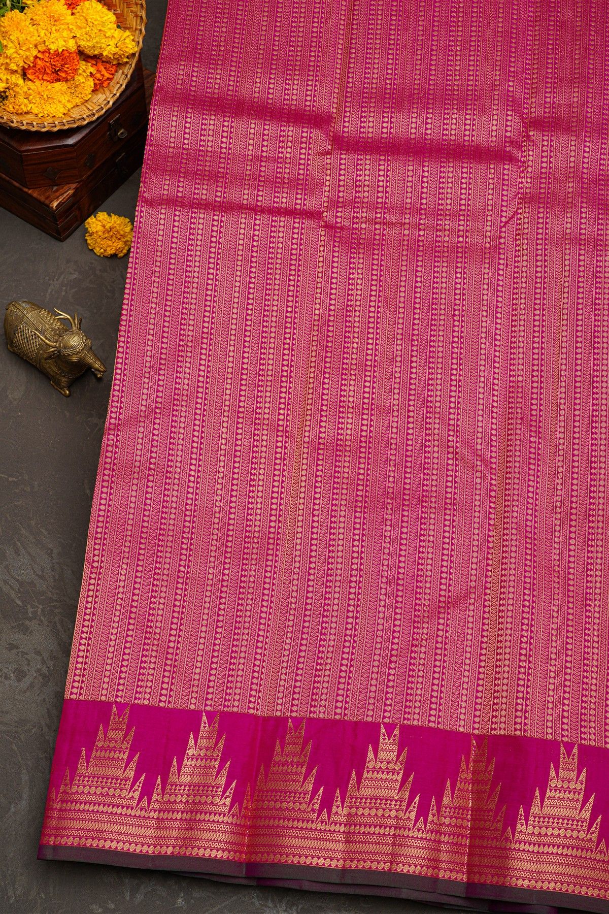 Kancheepuram Silk Peach Saree With Florals In Temples Border