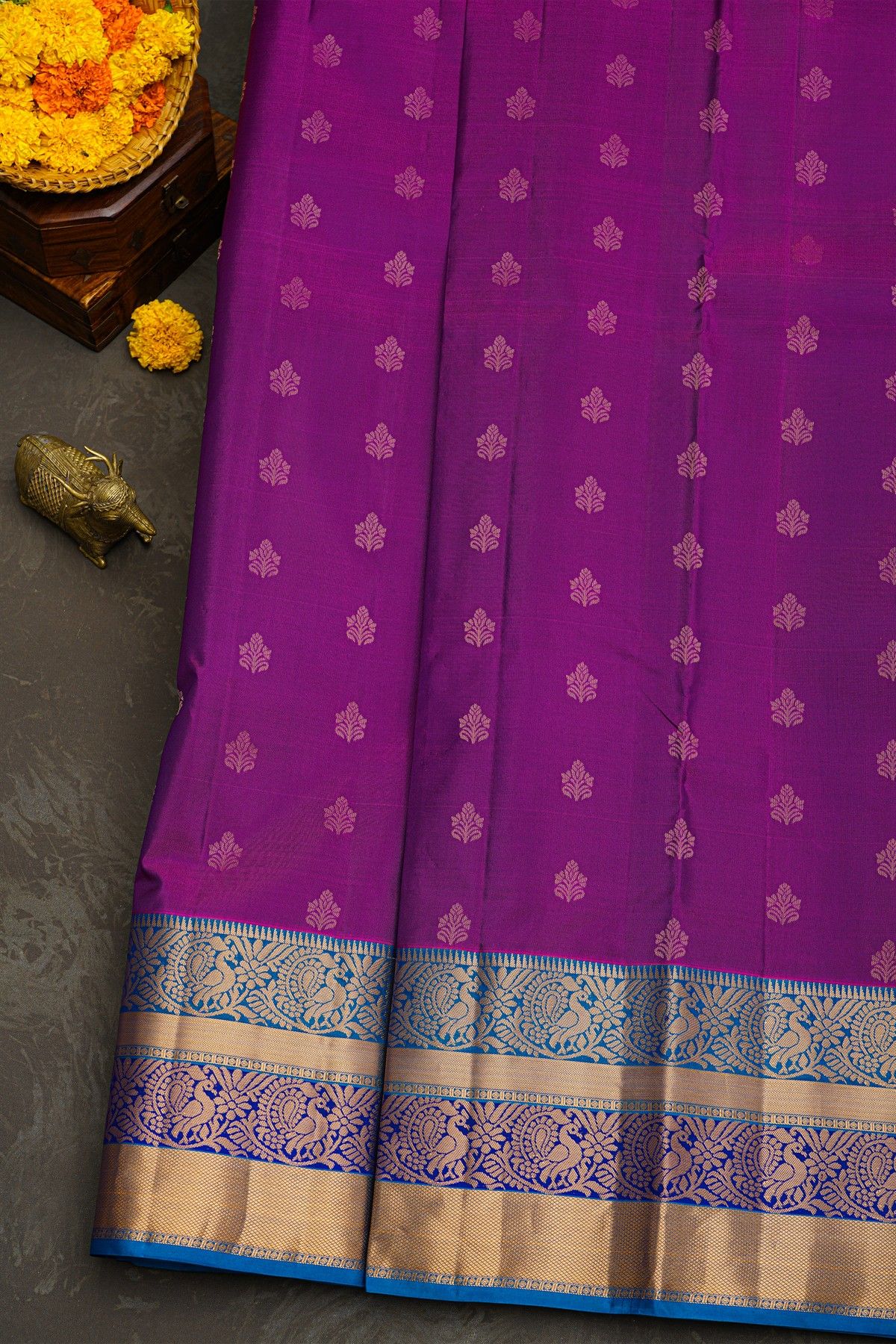Kancheepuram Silk Purple Saree With Florals And Peacocks In Zari Border