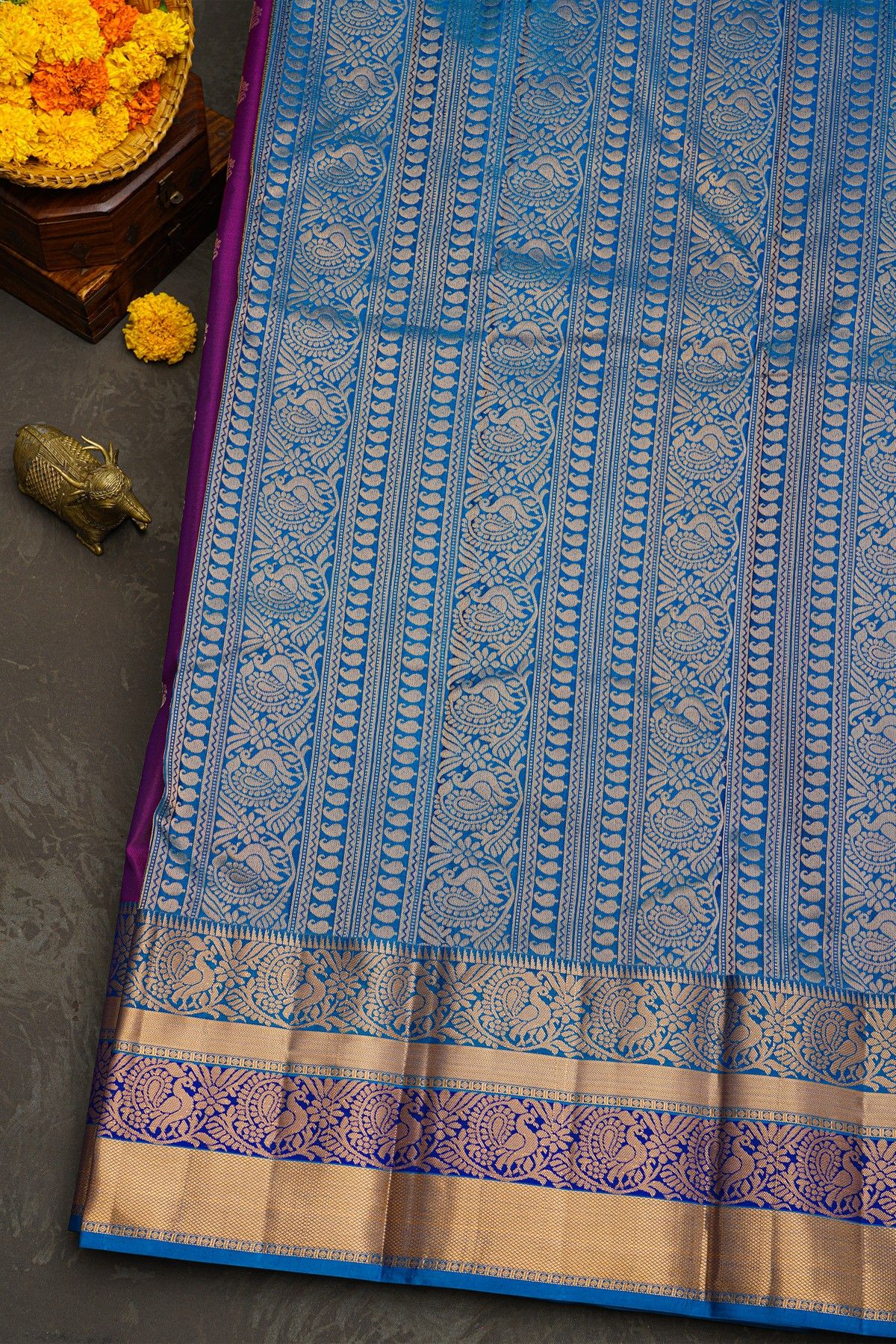 Kancheepuram Silk Purple Saree With Florals And Peacocks In Zari Border