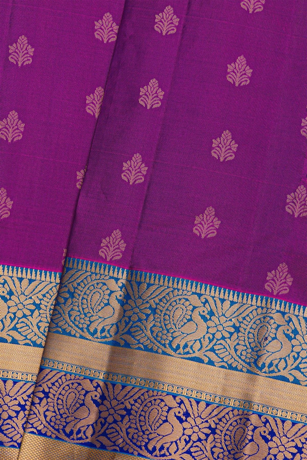 Kancheepuram Silk Purple Saree With Florals And Peacocks In Zari Border