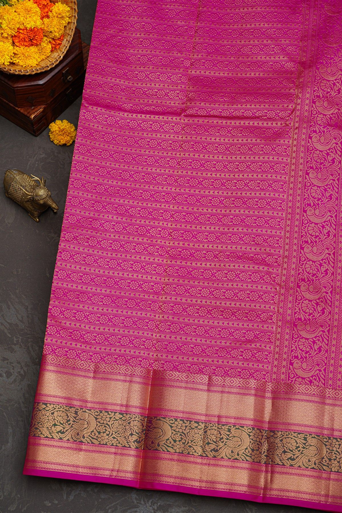 Kancheepuram Silk Peach Saree With Florals And Peacocks With Diamonds Border