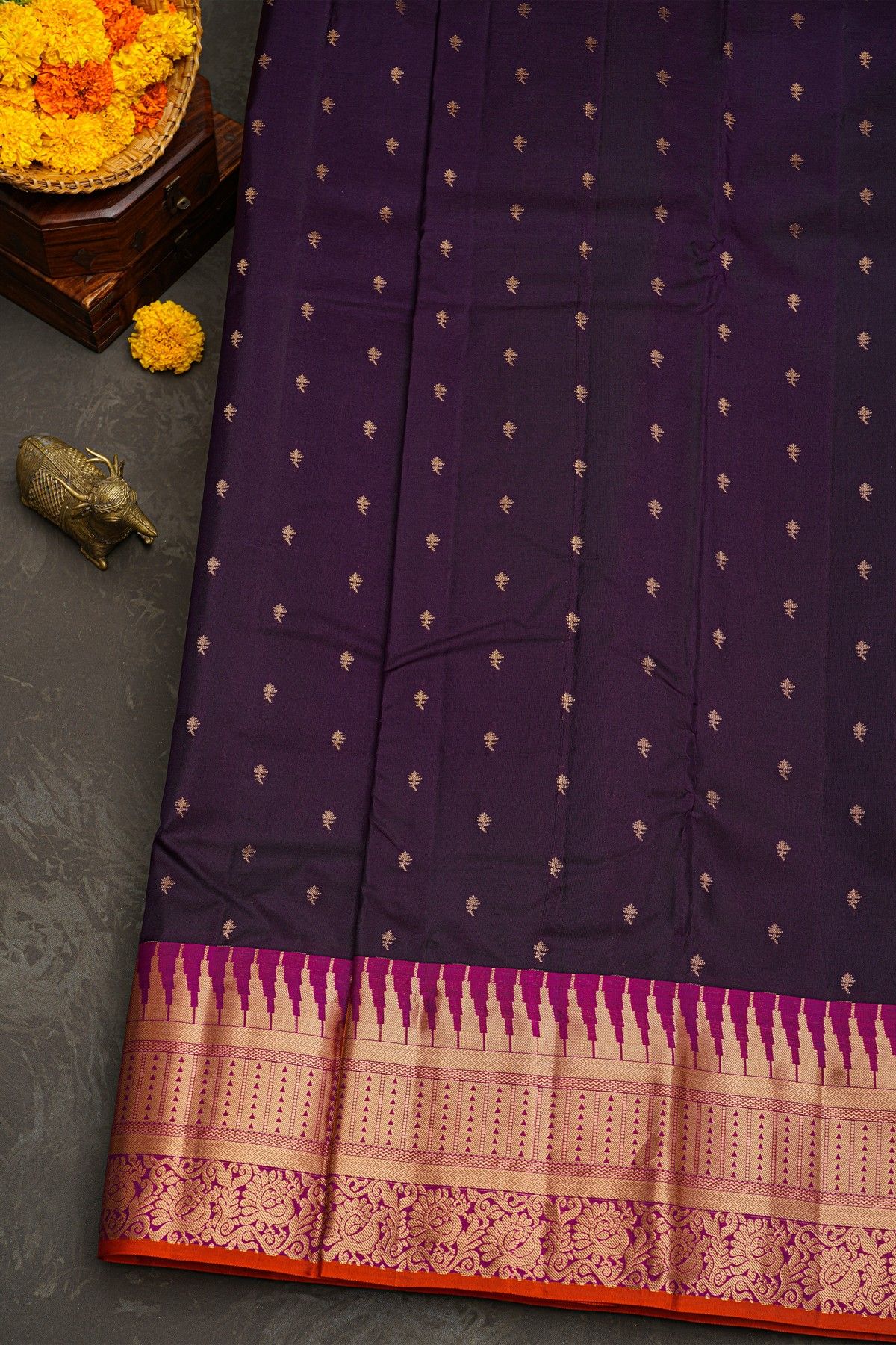 Kancheepuram Silk Violet Saree With Temples Border
