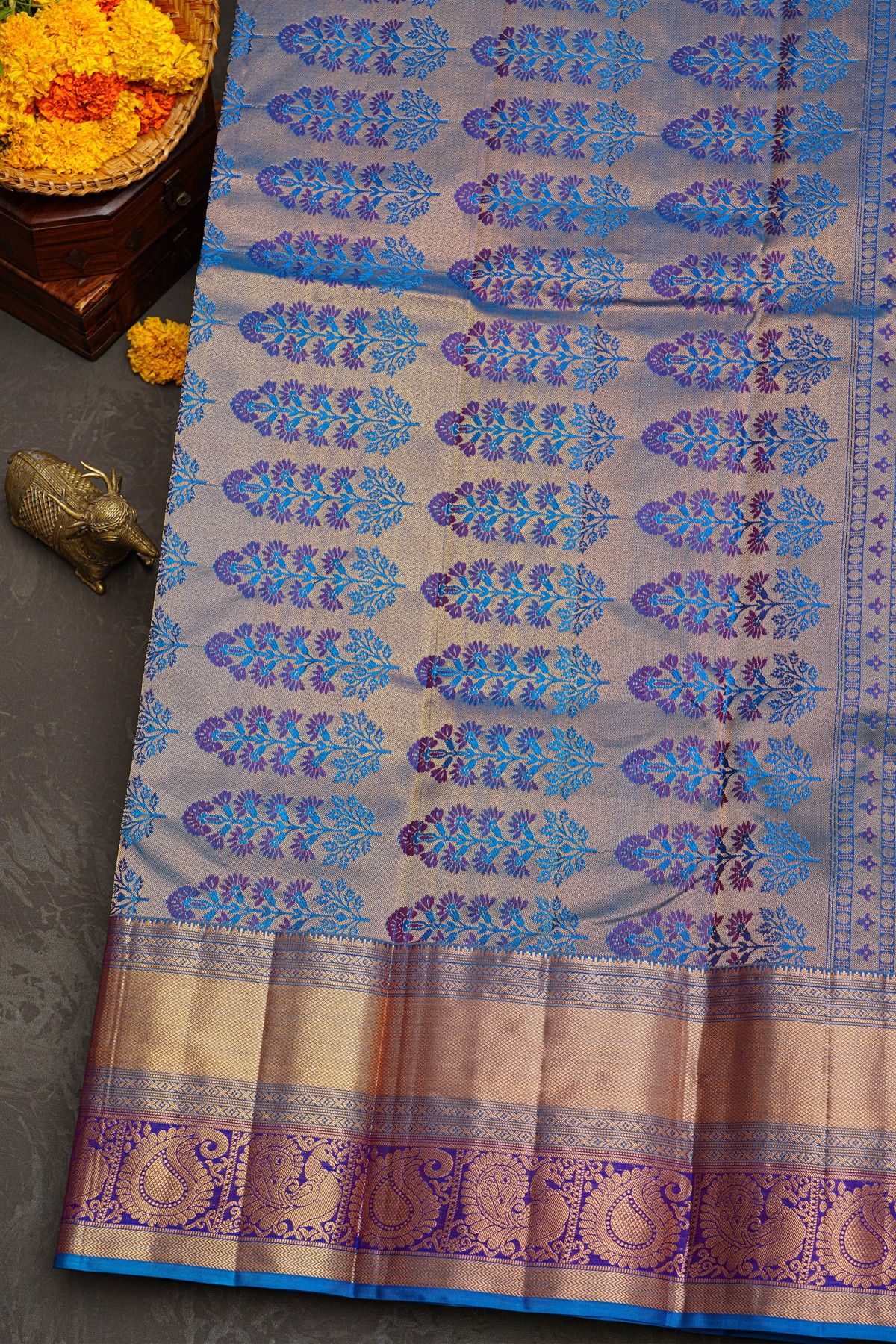 Kancheepuram Silk Purple Saree With Floral Brocade Pallu