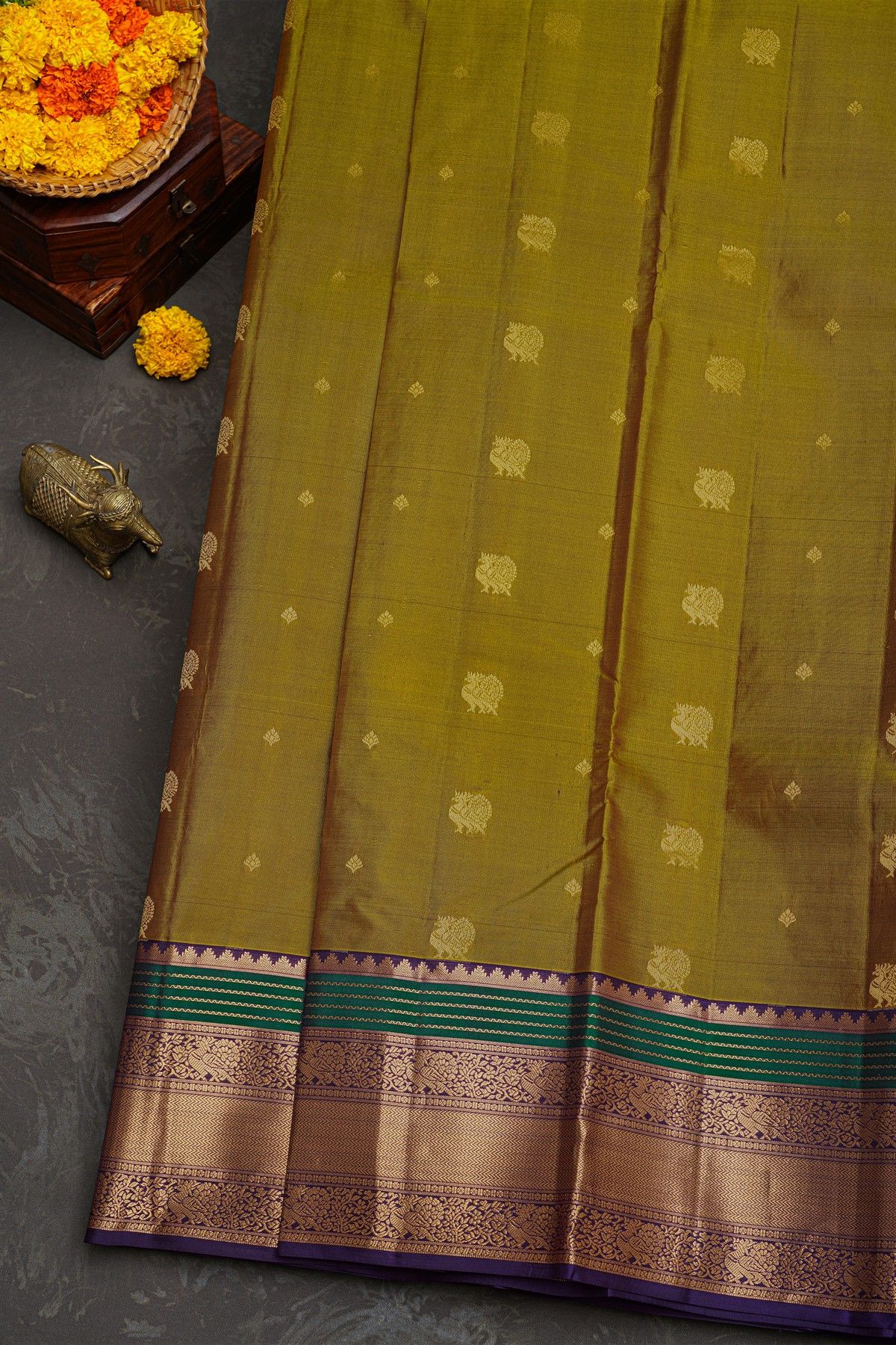 Kancheepuram Silk Mehendi Green Saree With Floral Brocade Pallu