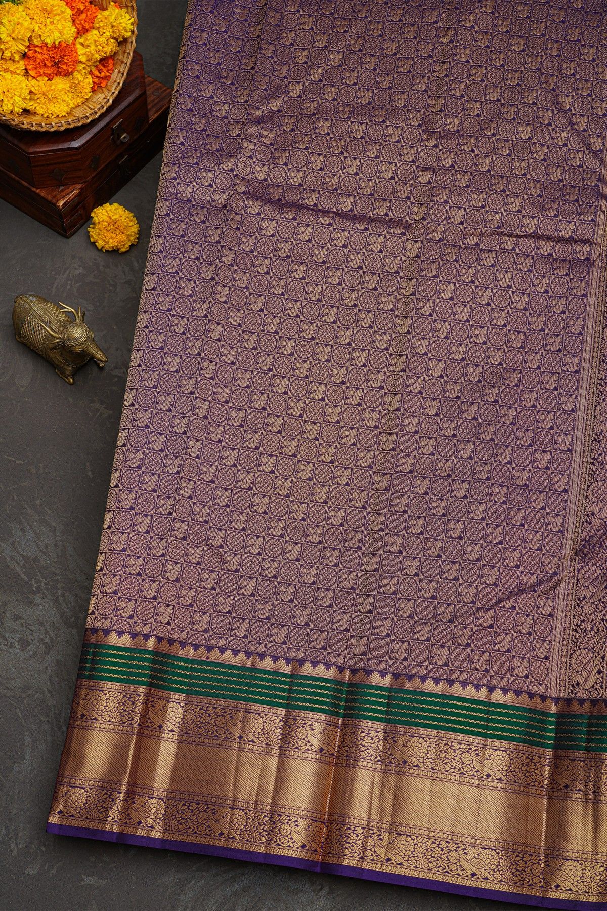 Kancheepuram Silk Mehendi Green Saree With Floral Brocade Pallu