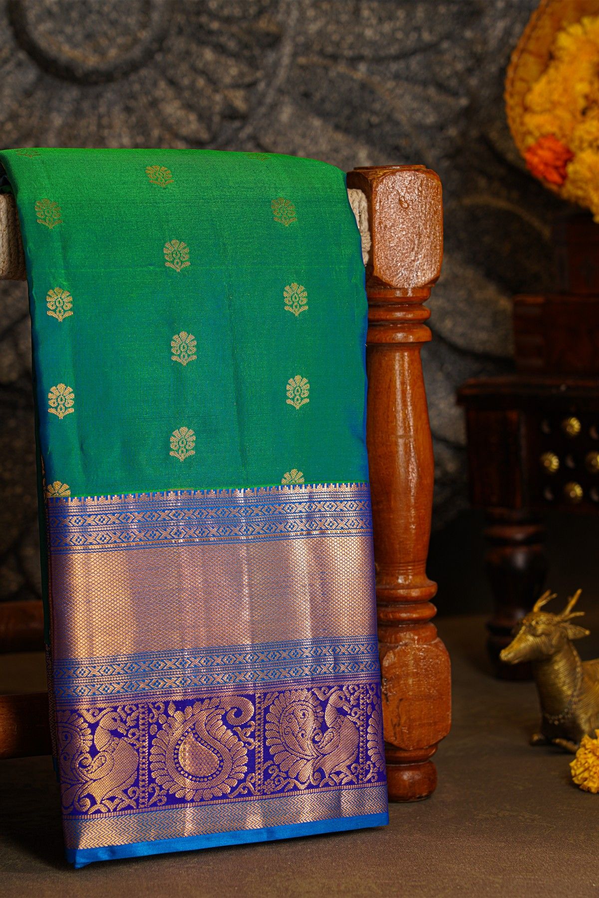 Kancheepuram Silk Peacock Green Saree With Floral Brocade Pallu