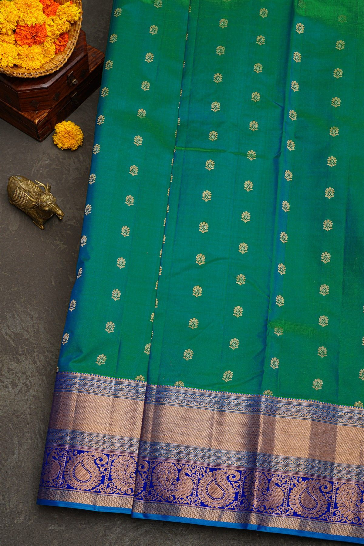 Kancheepuram Silk Peacock Green Saree With Floral Brocade Pallu