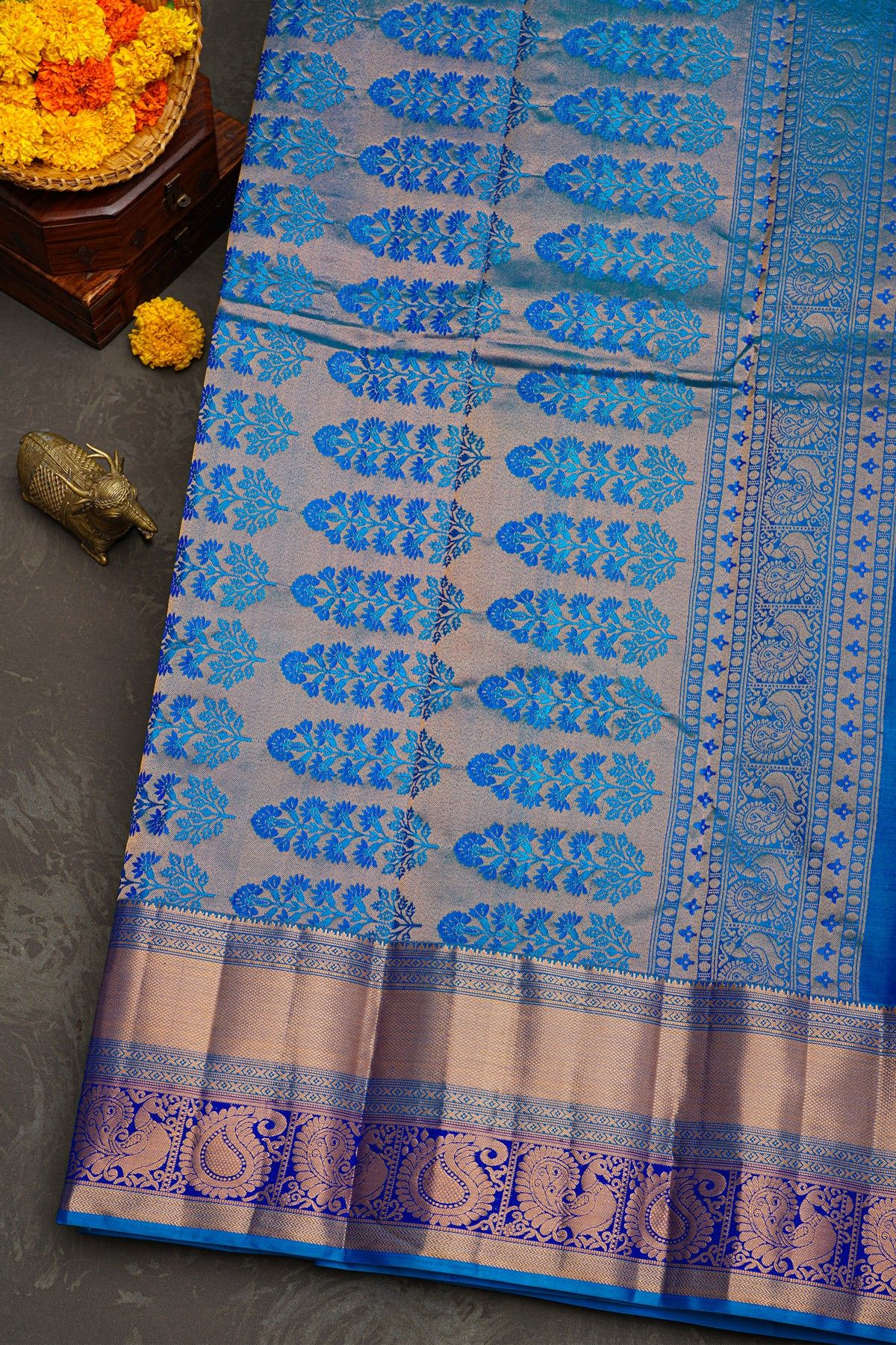 Kancheepuram Silk Peacock Green Saree With Floral Brocade Pallu