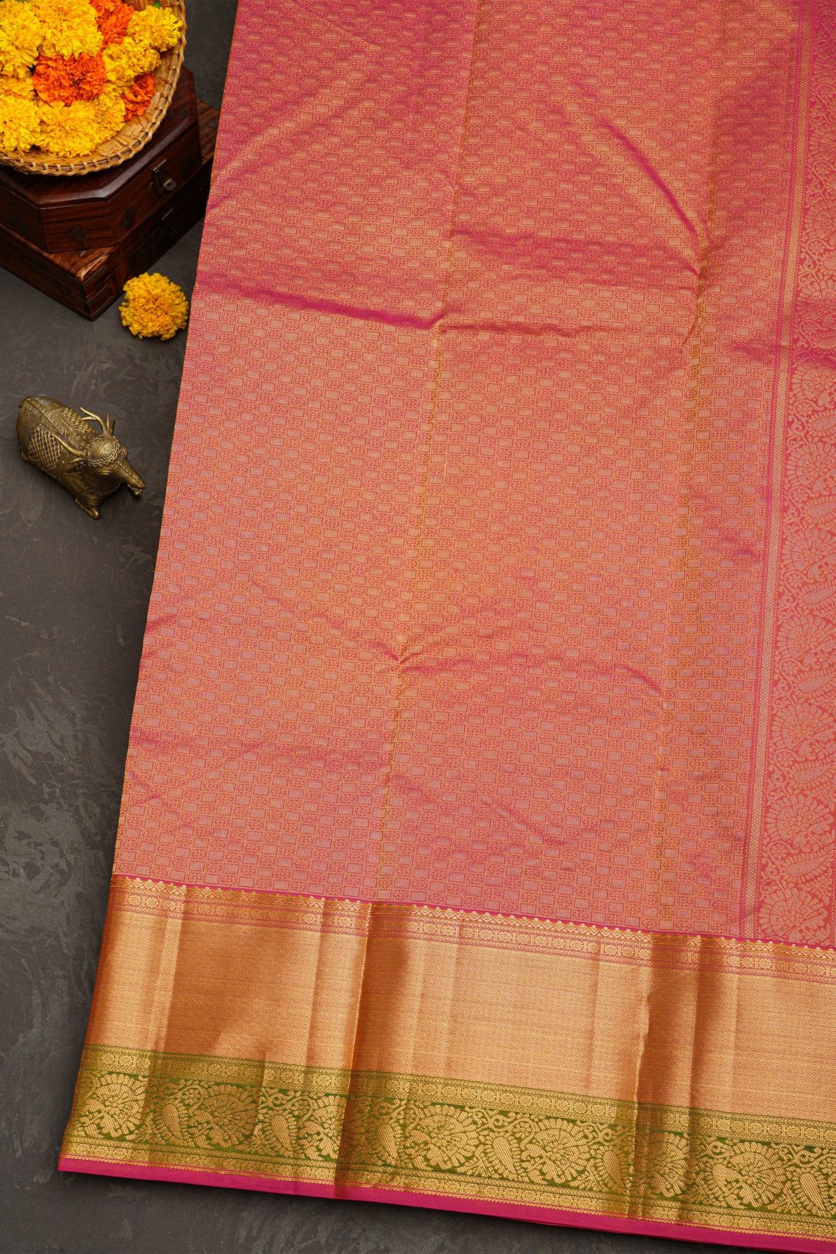Kancheepuram Silk Mustard Saree With Floral Brocade Pallu