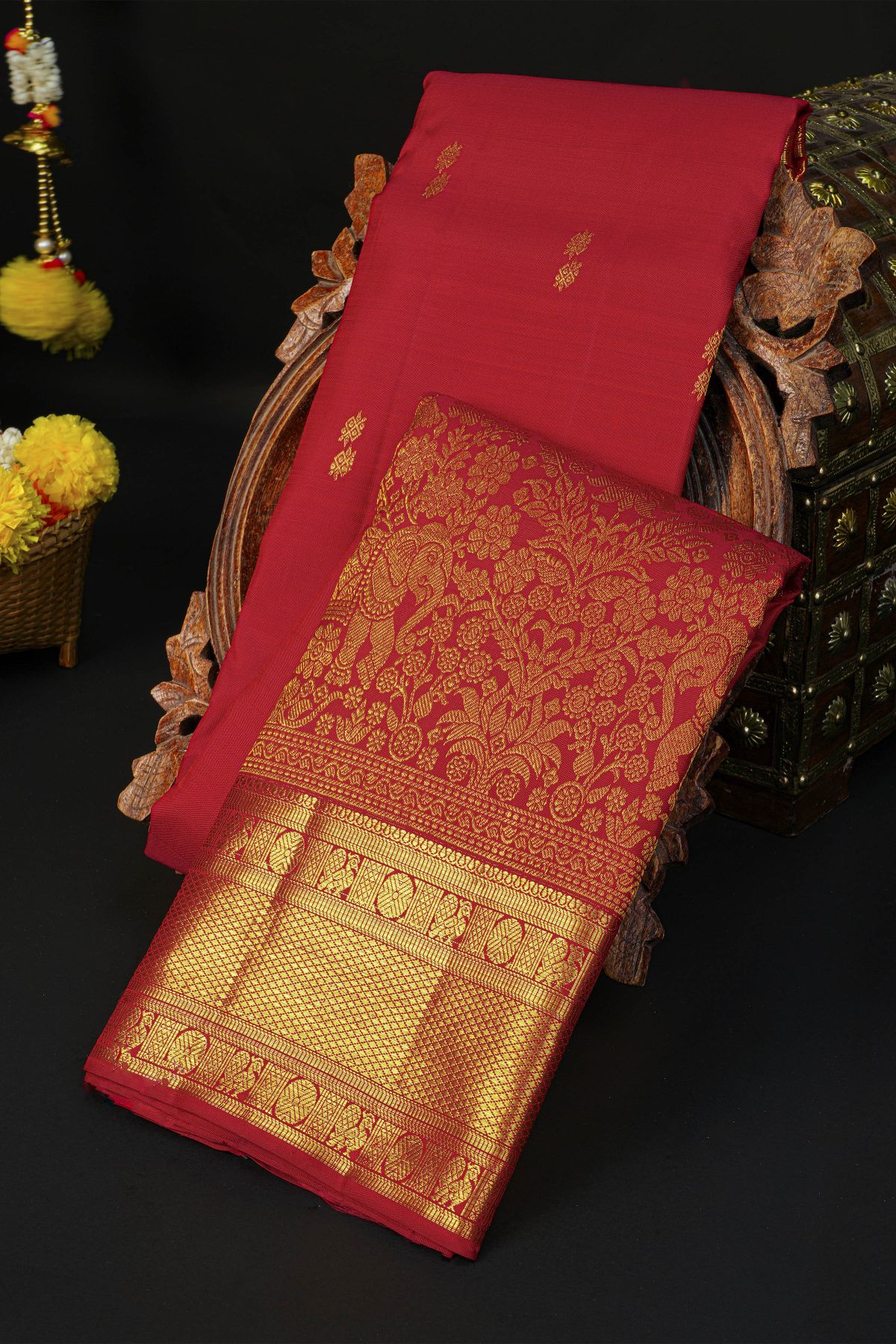 Kancheepuram Silk Red Saree With Florals And Elephants Body