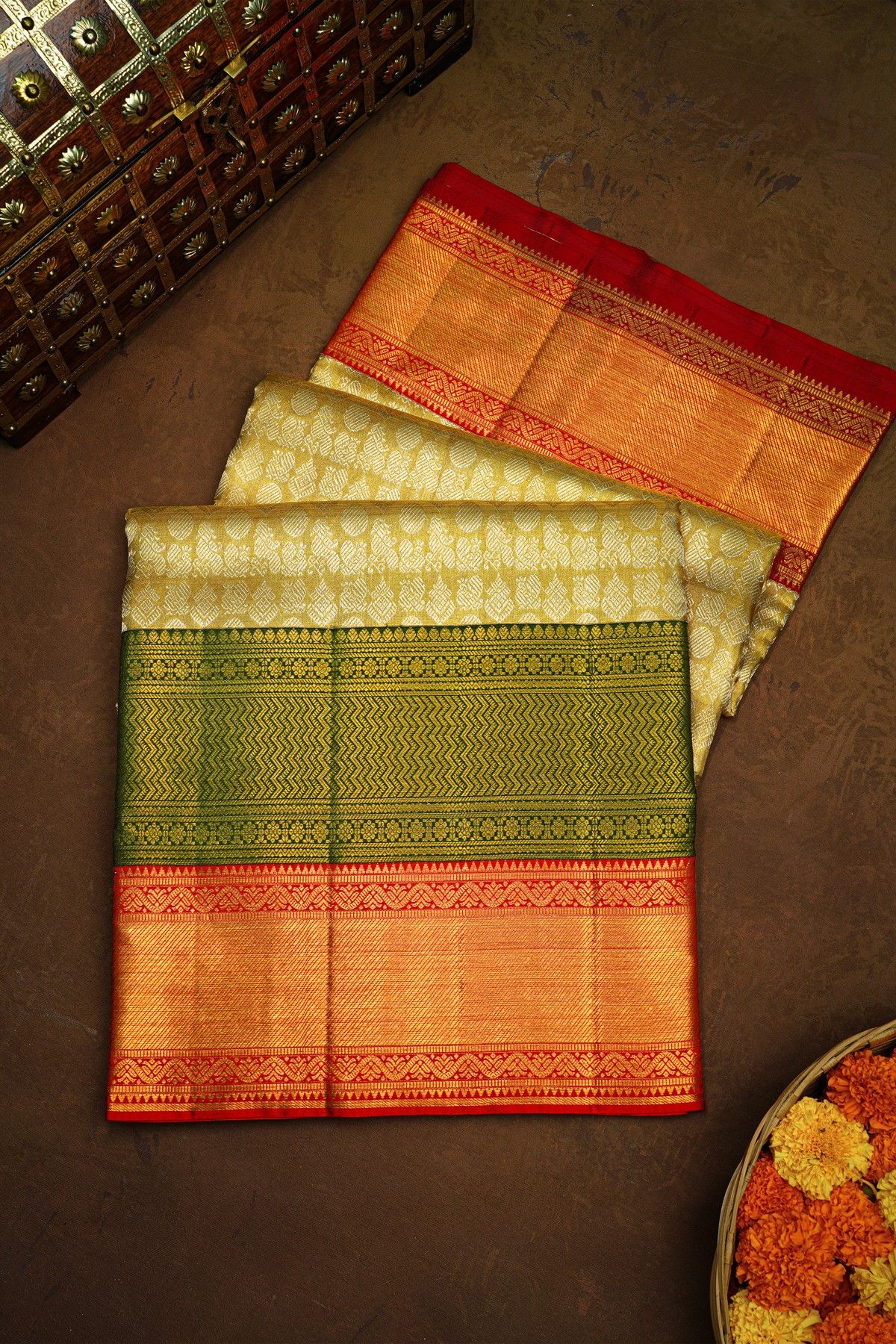 Kanchipuram Silk Tissue Saree With Gold and Silver Zari Floral Body, Green and Red Double Border