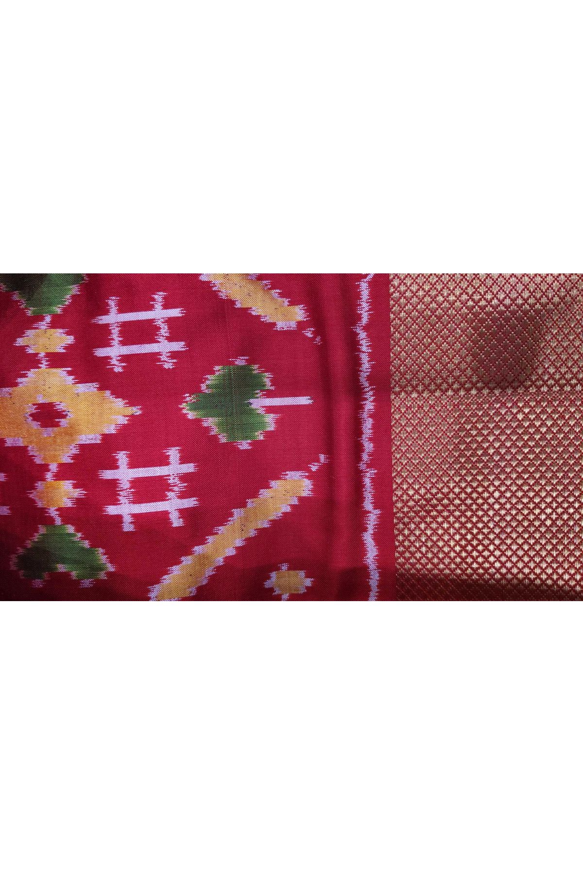 Ikat Silk Red Saree With Florals And Leaves Body