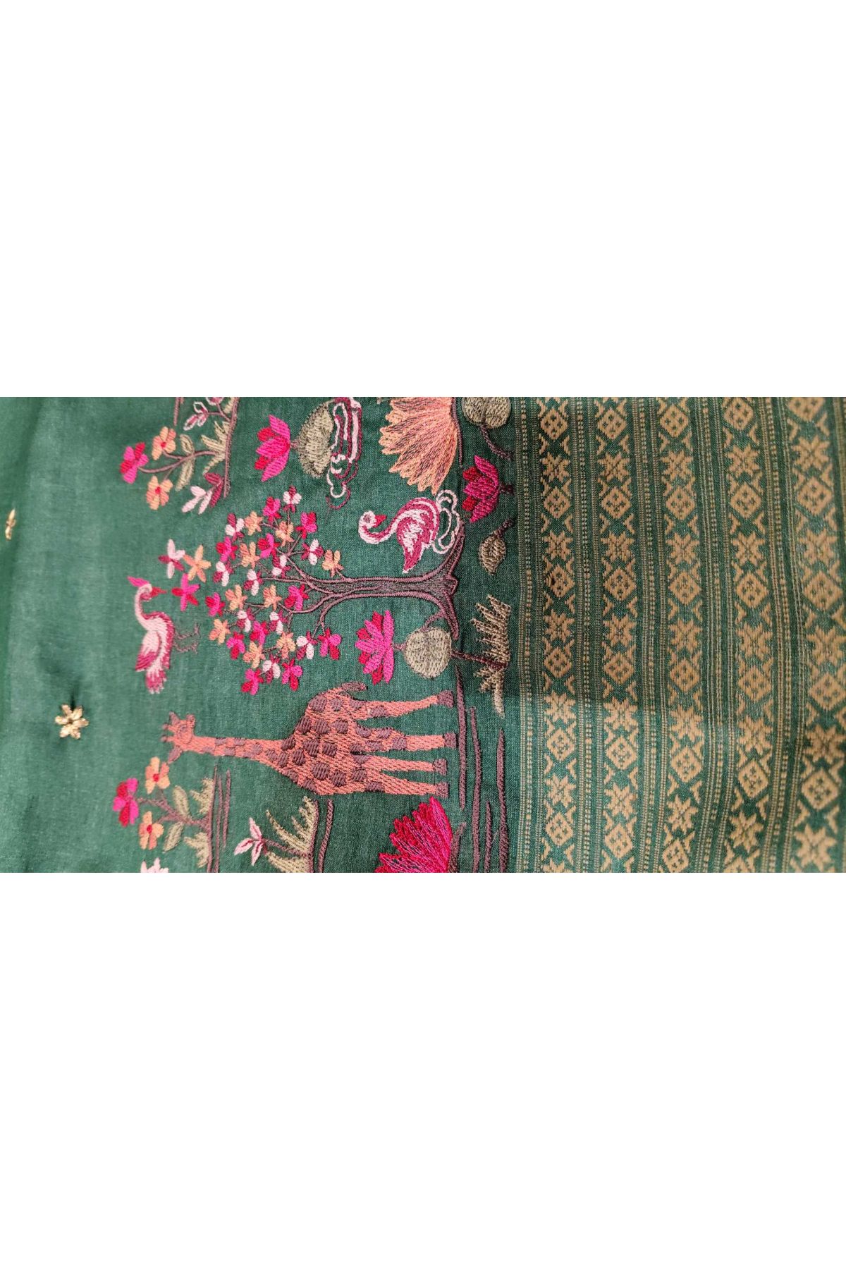 Designer Tussar Bottle Green Saree