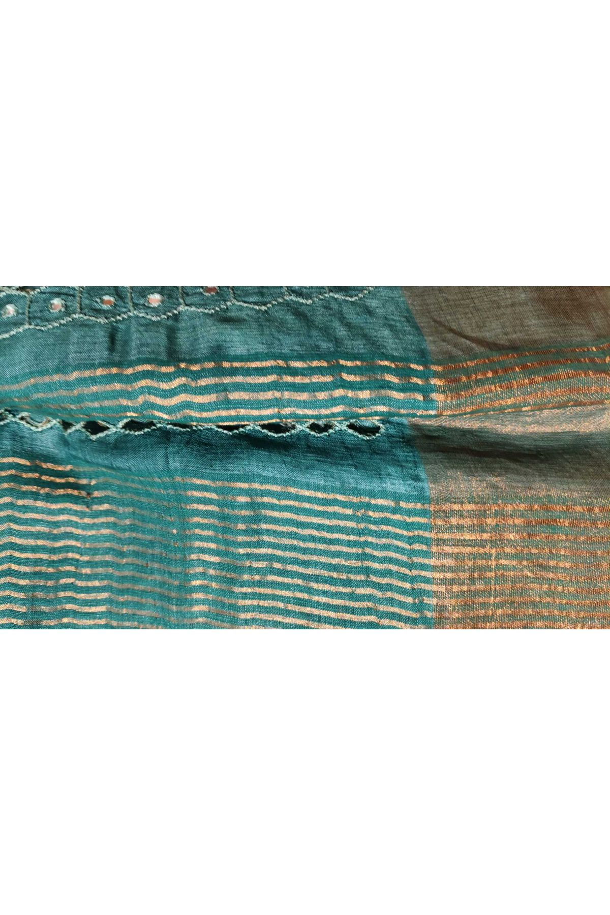 Fancy Tussar Off White Saree With Mirror And Cut Work Pallu
