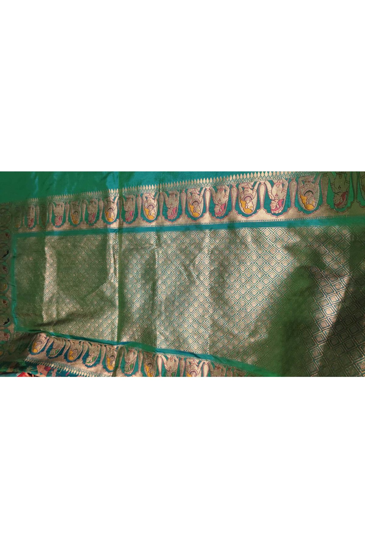 Banarasi Silk Sea Green Saree With Rural Village Landscape Theme