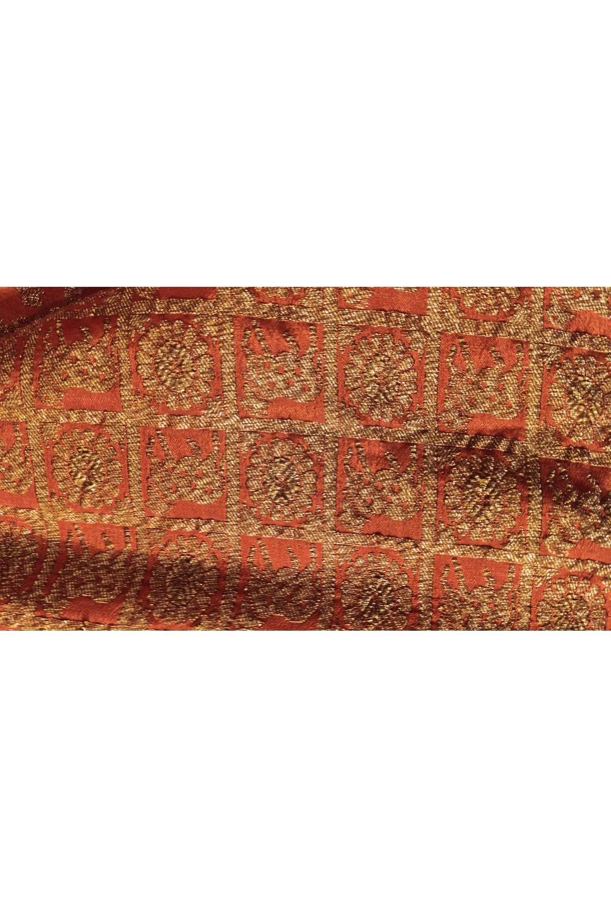 Fancy Georgette Orange Saree With Diamond Grid Zari Jaal And Elephant Buttis Body And Self Florals And Animals Border
