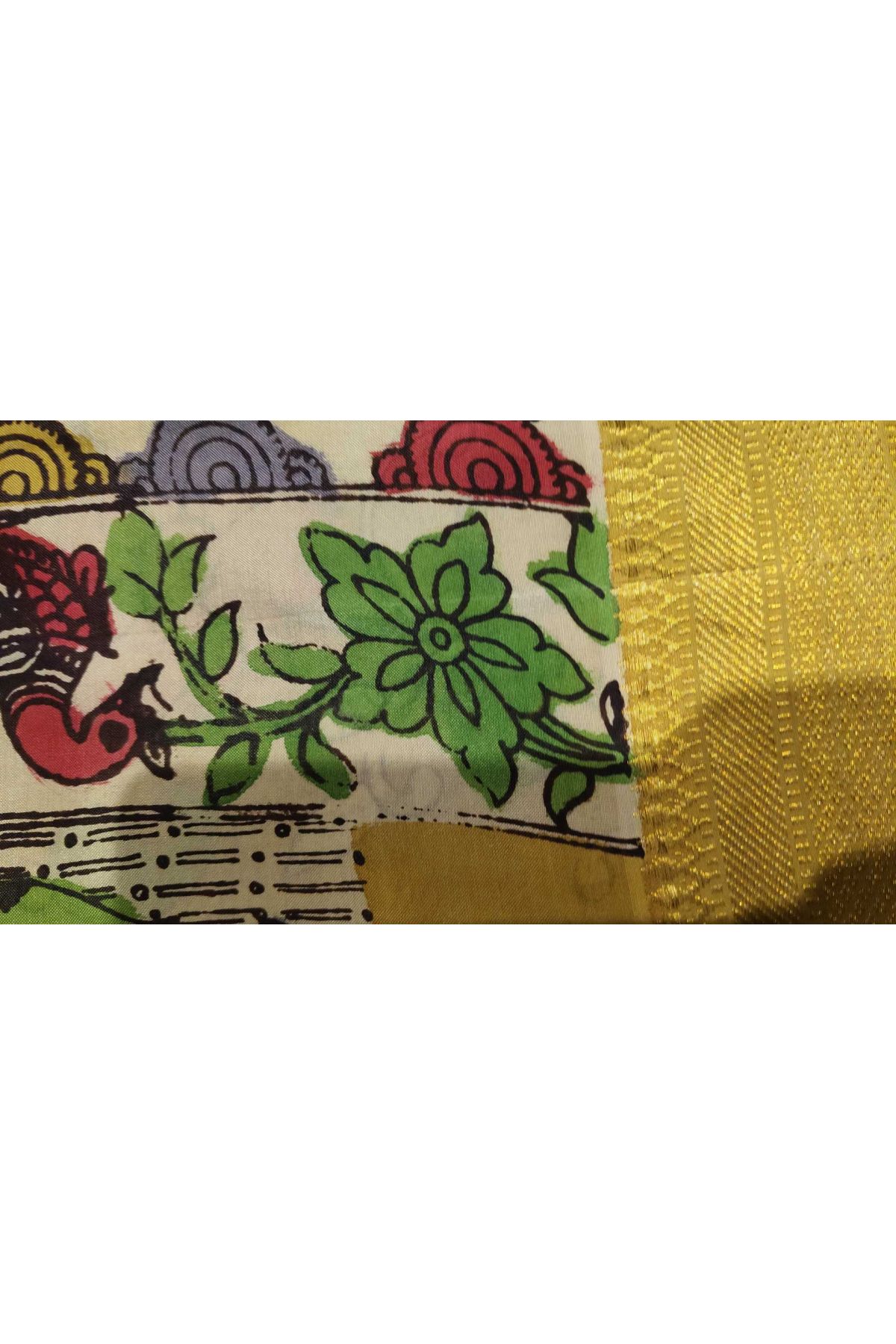 Kalamkari Silk Multi Colour Saree With Diamonds Border