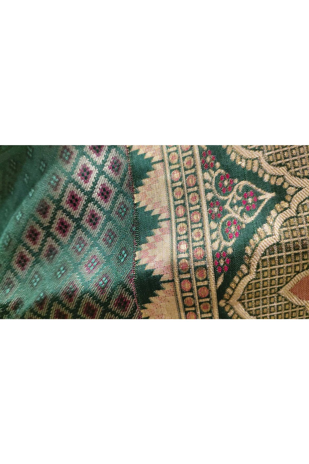 Kancheepuram Silk Bottle Green Saree With Florals And Peacocks In Checks Body