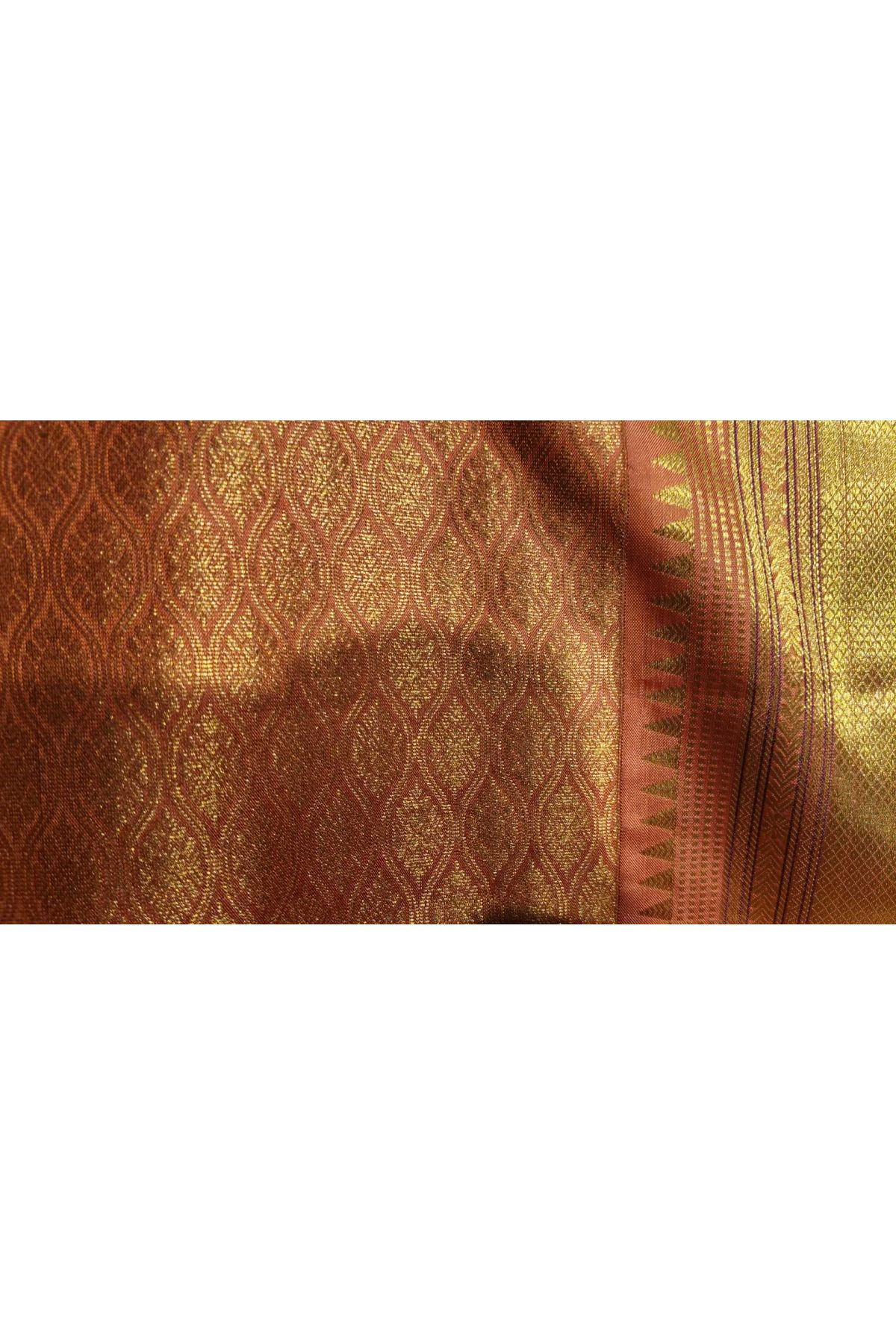 Kancheepuram Silk Peach Saree With Checks Buttis Body Peacocks Border
