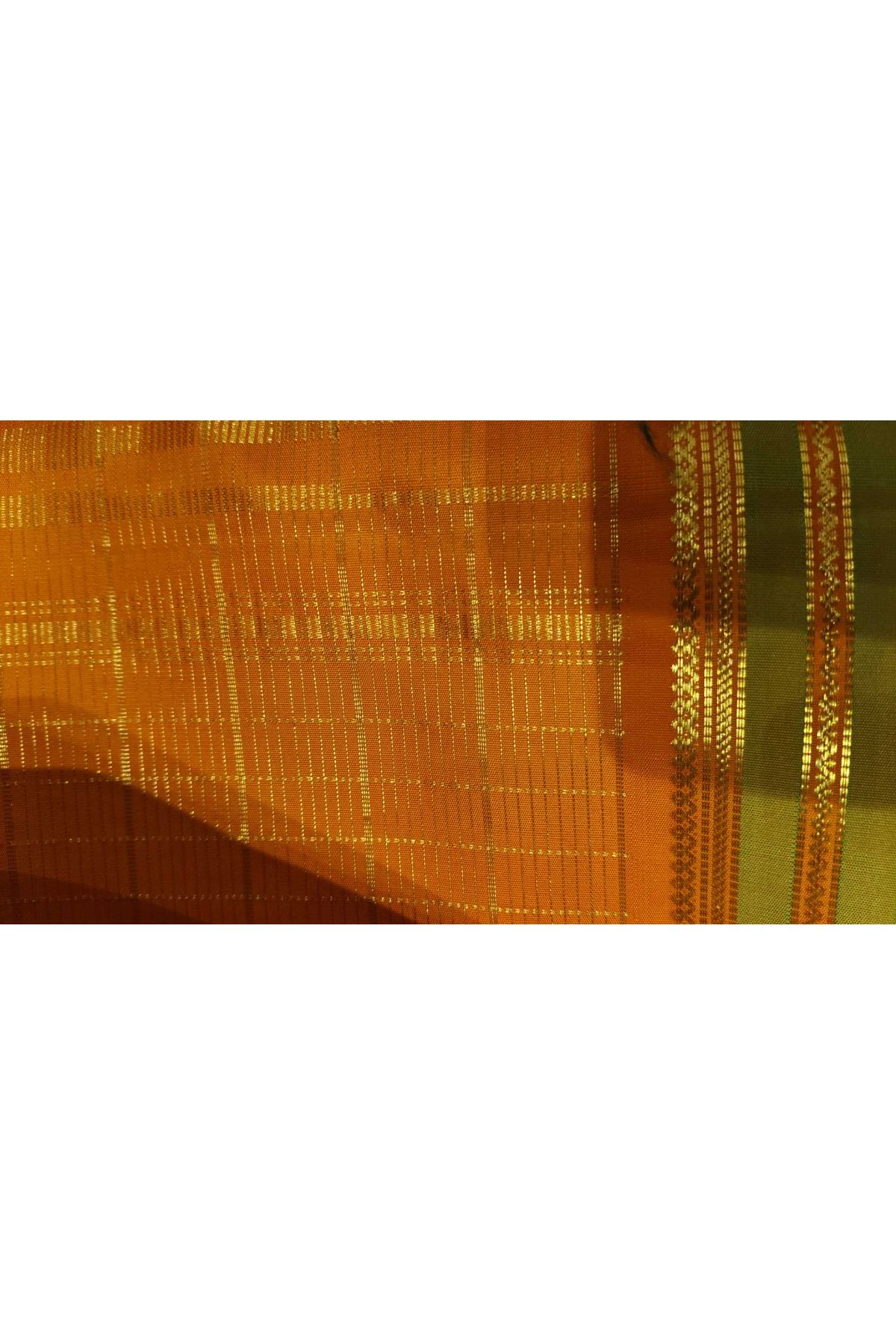 Kancheepuram Silk Bottle Green Saree With Zari Checks Body And Contrast Florals And Peacocks Border