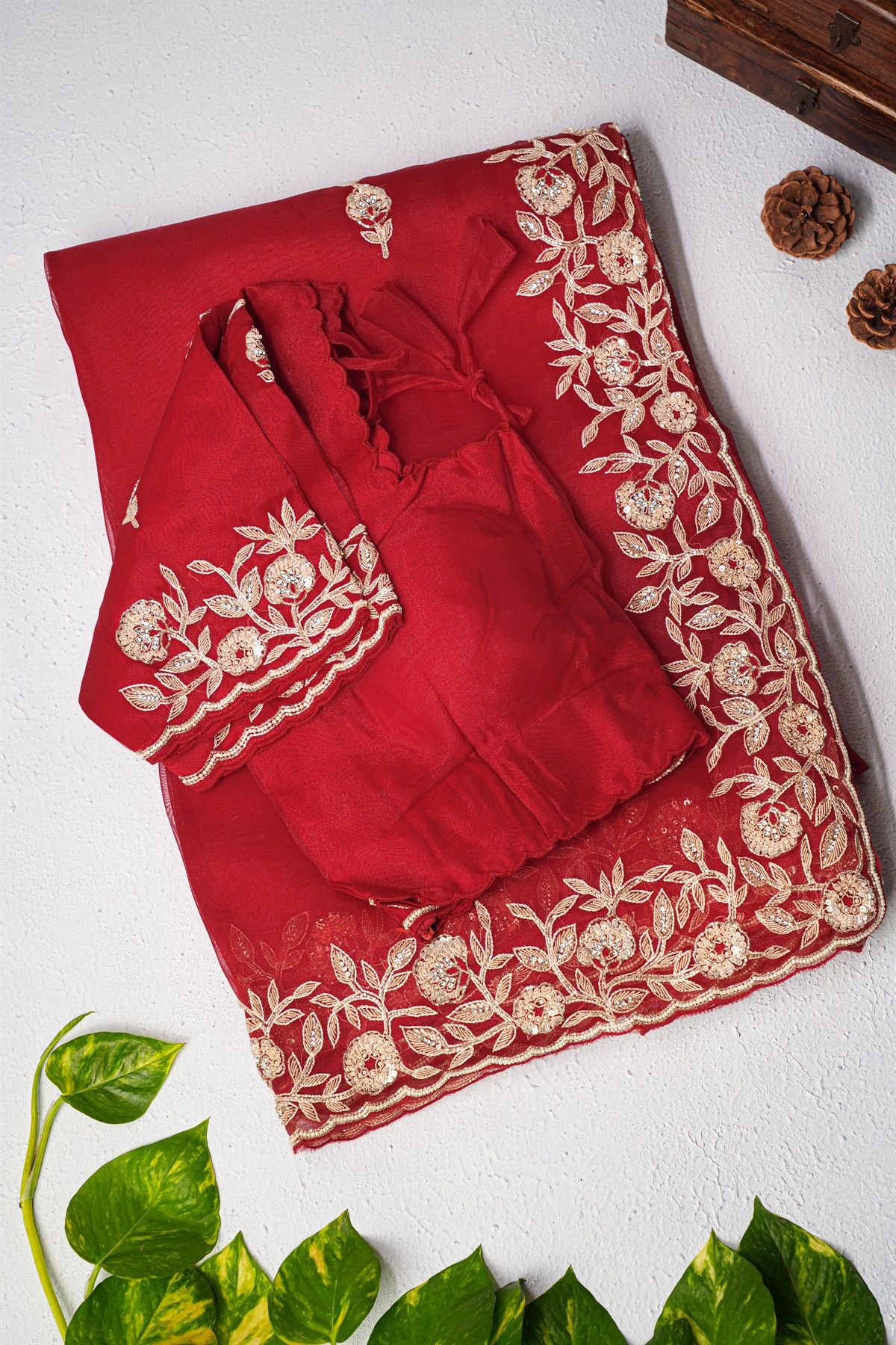 Designer Organza Red Saree