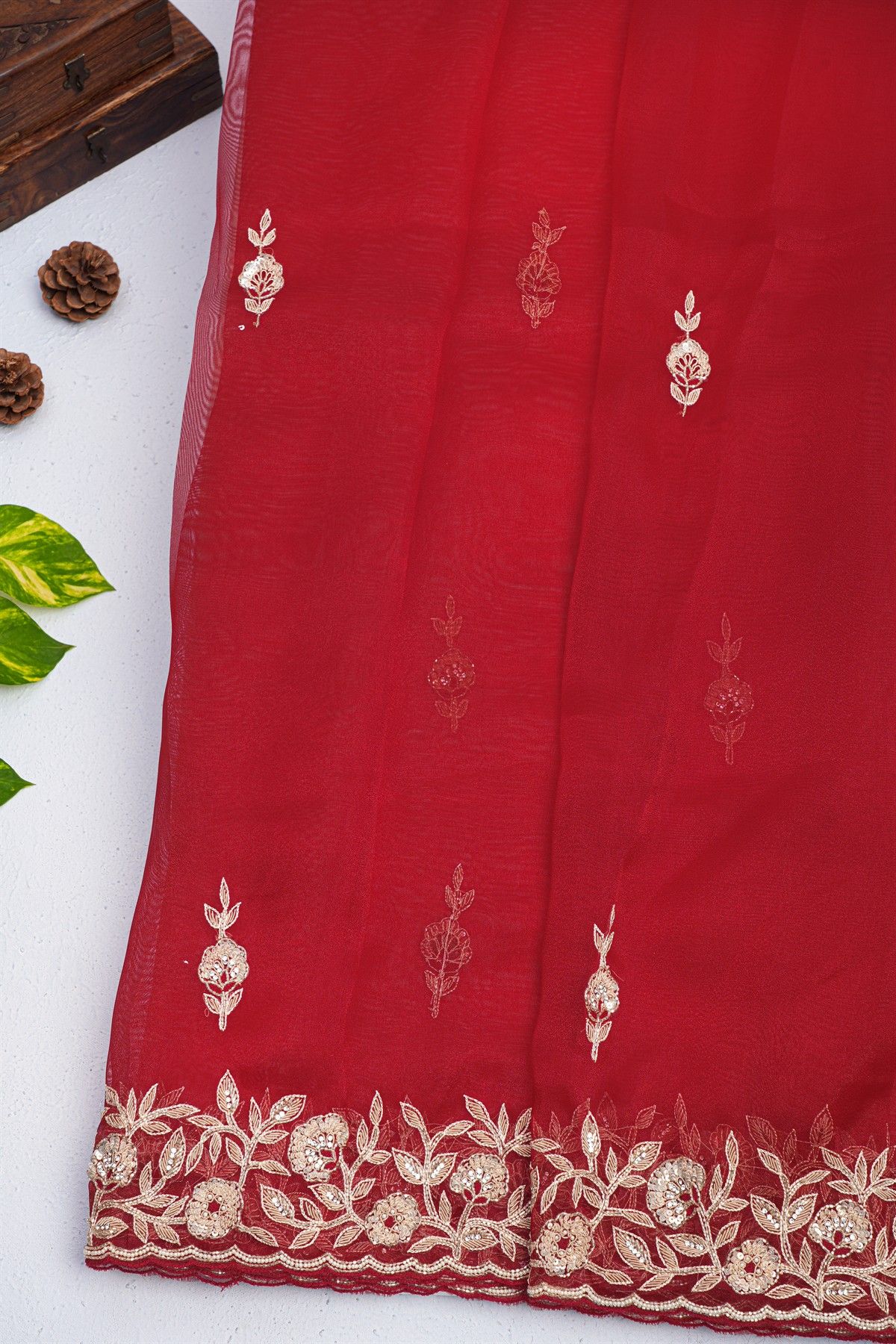 Designer Organza Red Saree