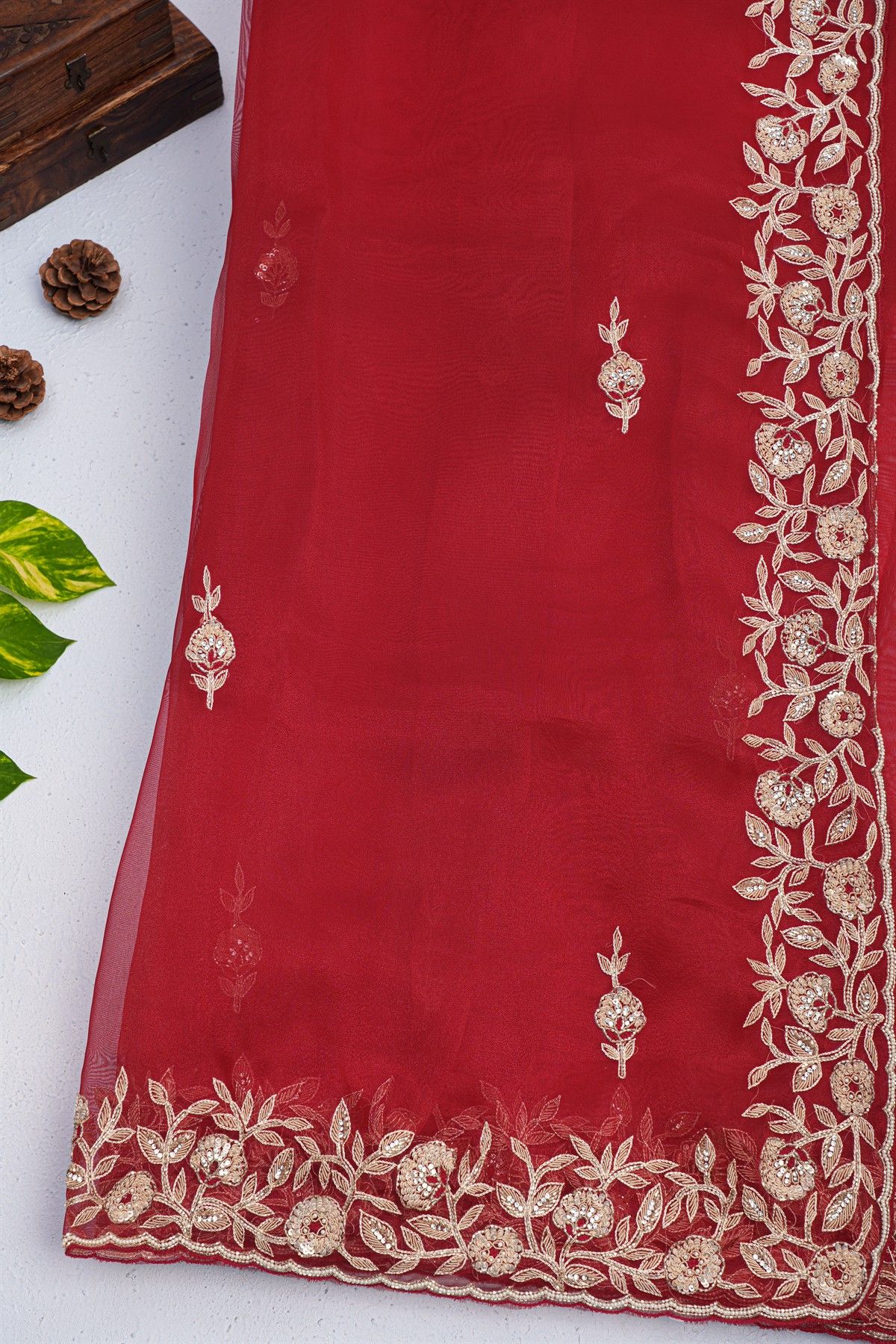 Designer Organza Red Saree