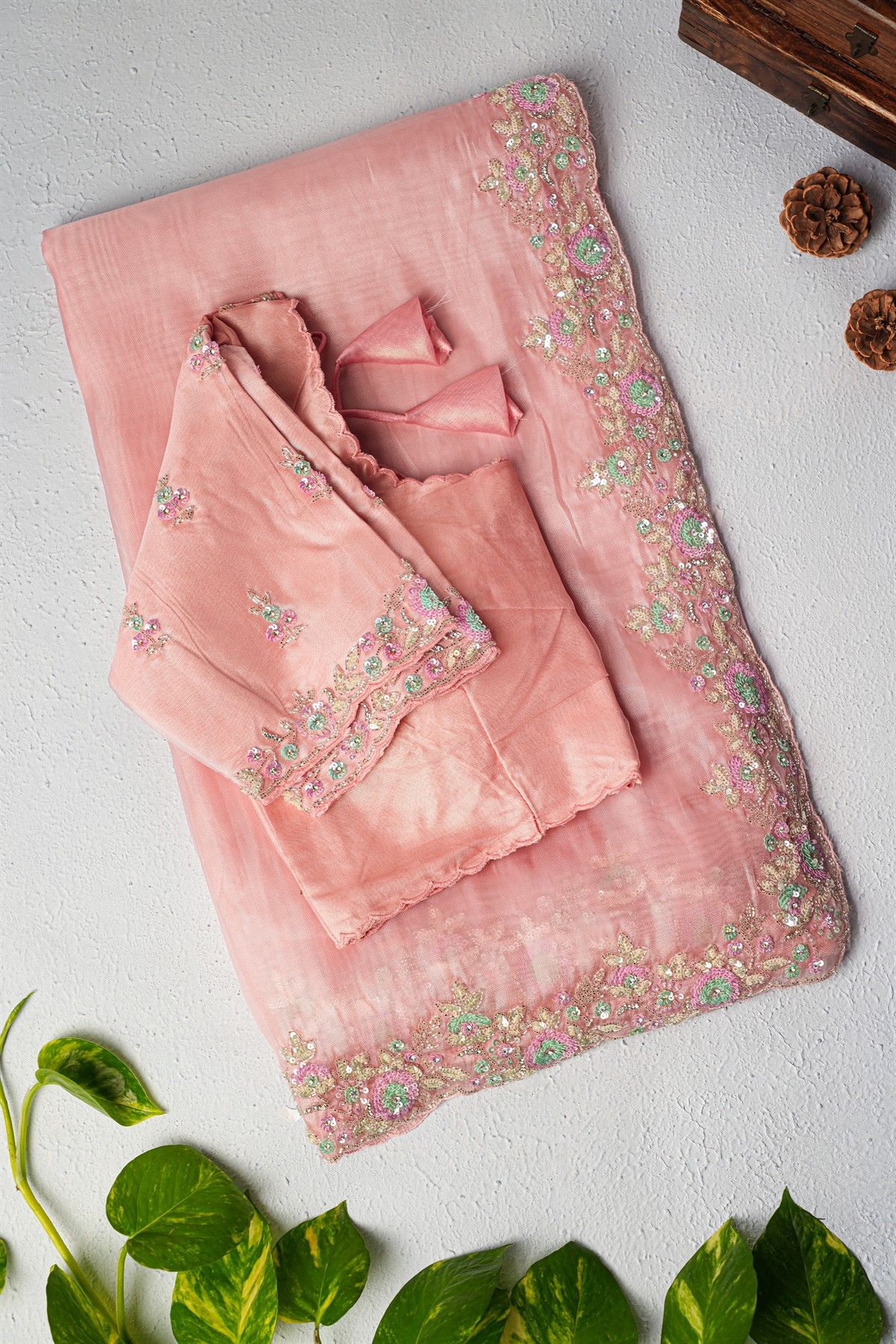 Designer Organza Crepe Pink Saree