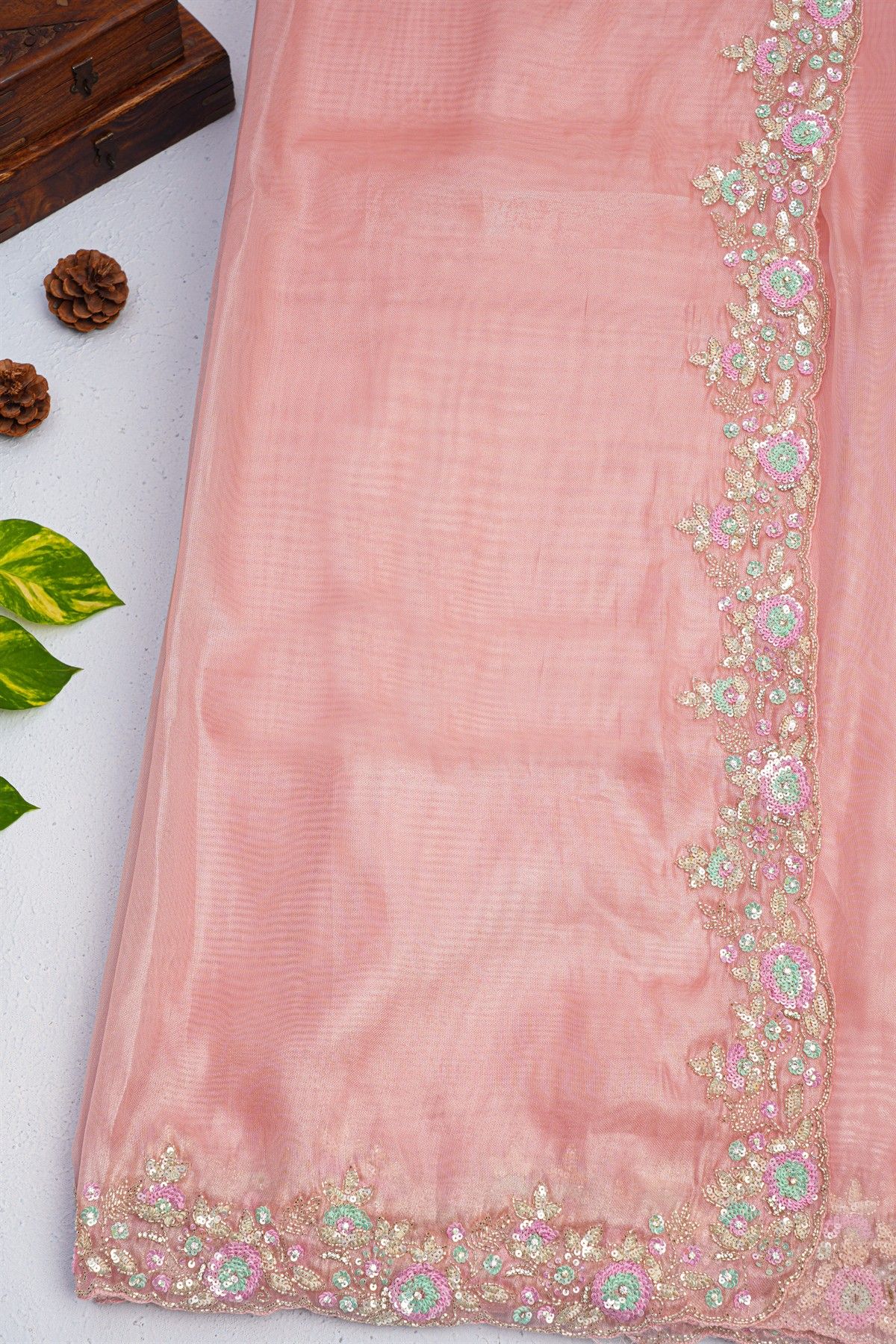 Designer Organza Crepe Pink Saree