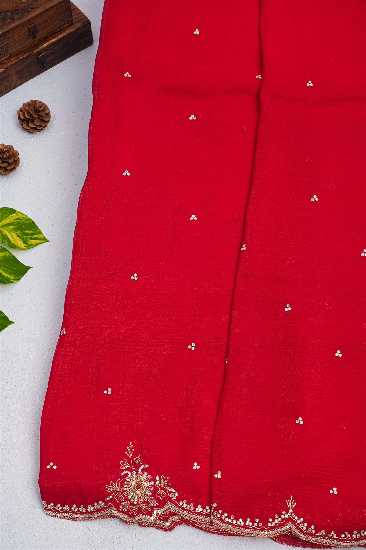 Designer Shimmer Georgette Red Saree