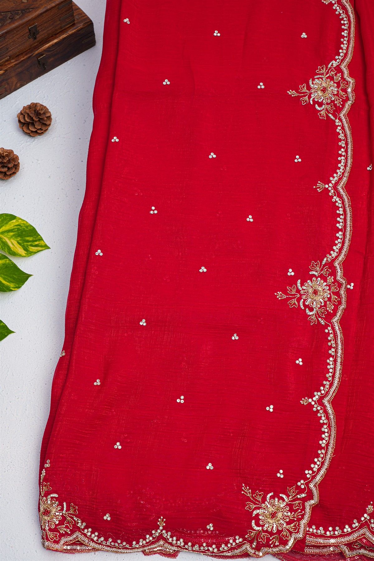 Designer Shimmer Georgette Red Saree