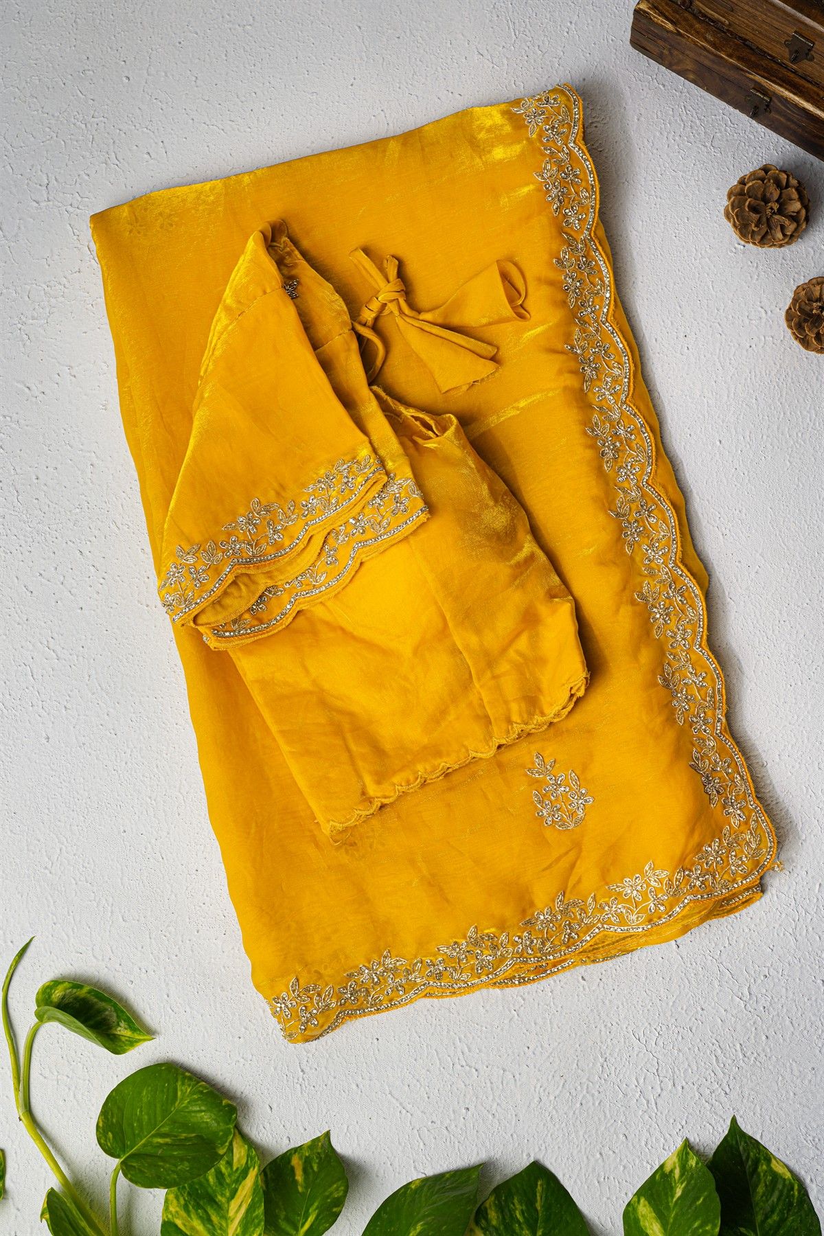 Designer Organza Yellow Saree