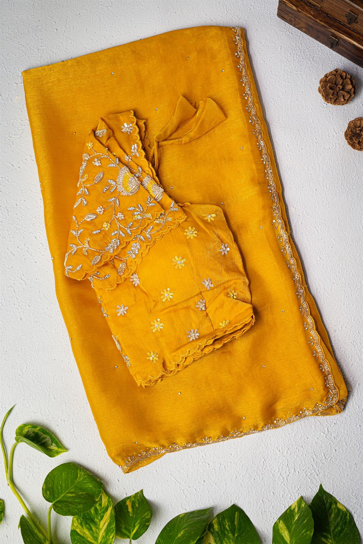 Designer Satin Crepe Mustard Saree