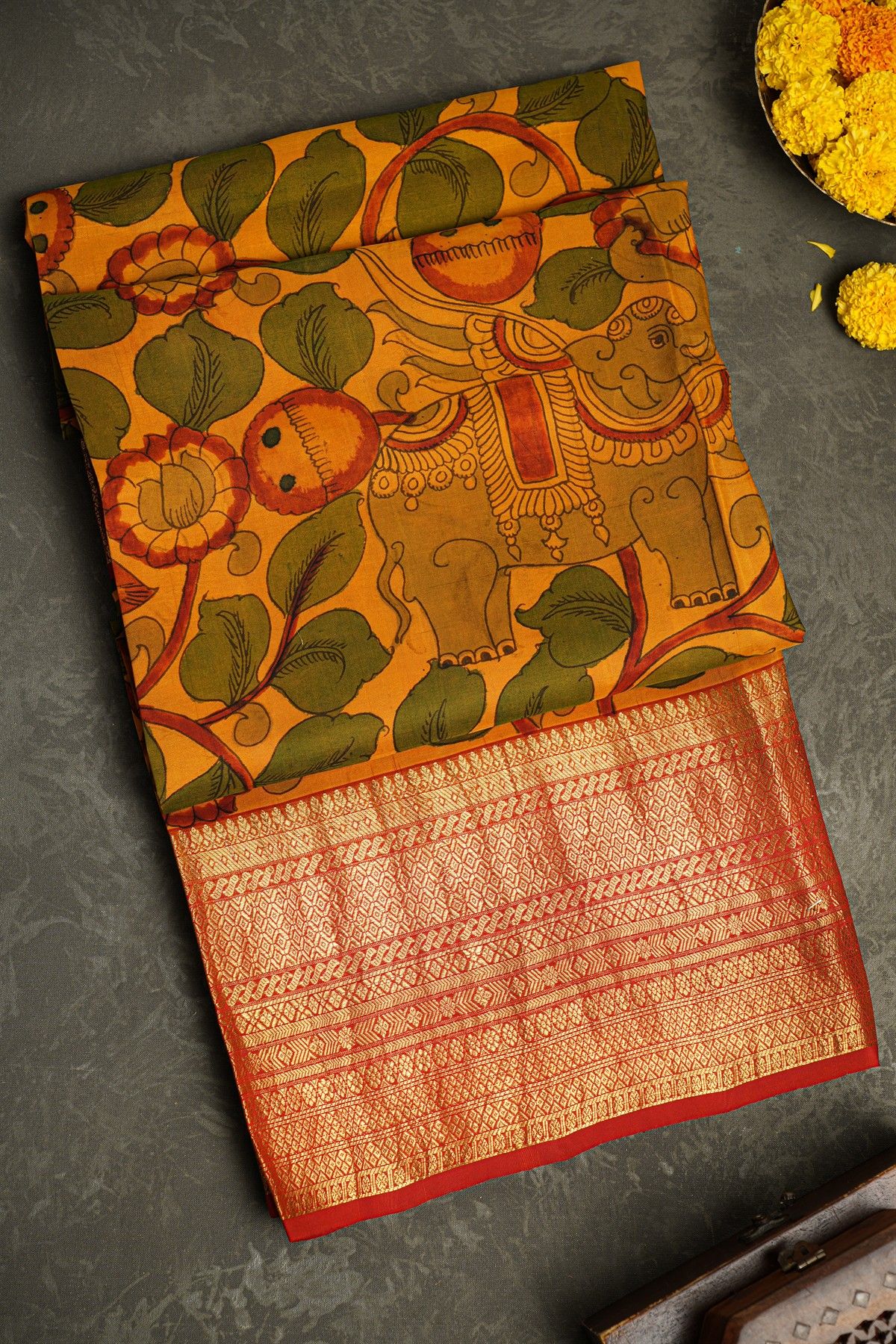 Kalamkari Silk Mustard Saree