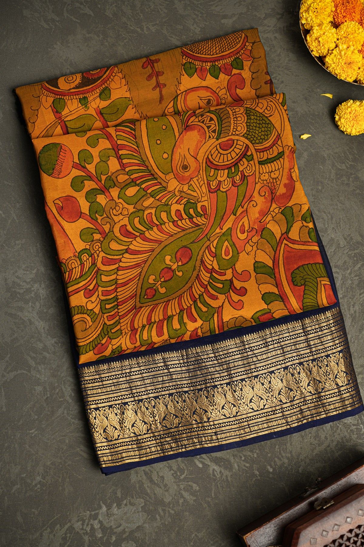 Kalamkari Silk Mustard Saree