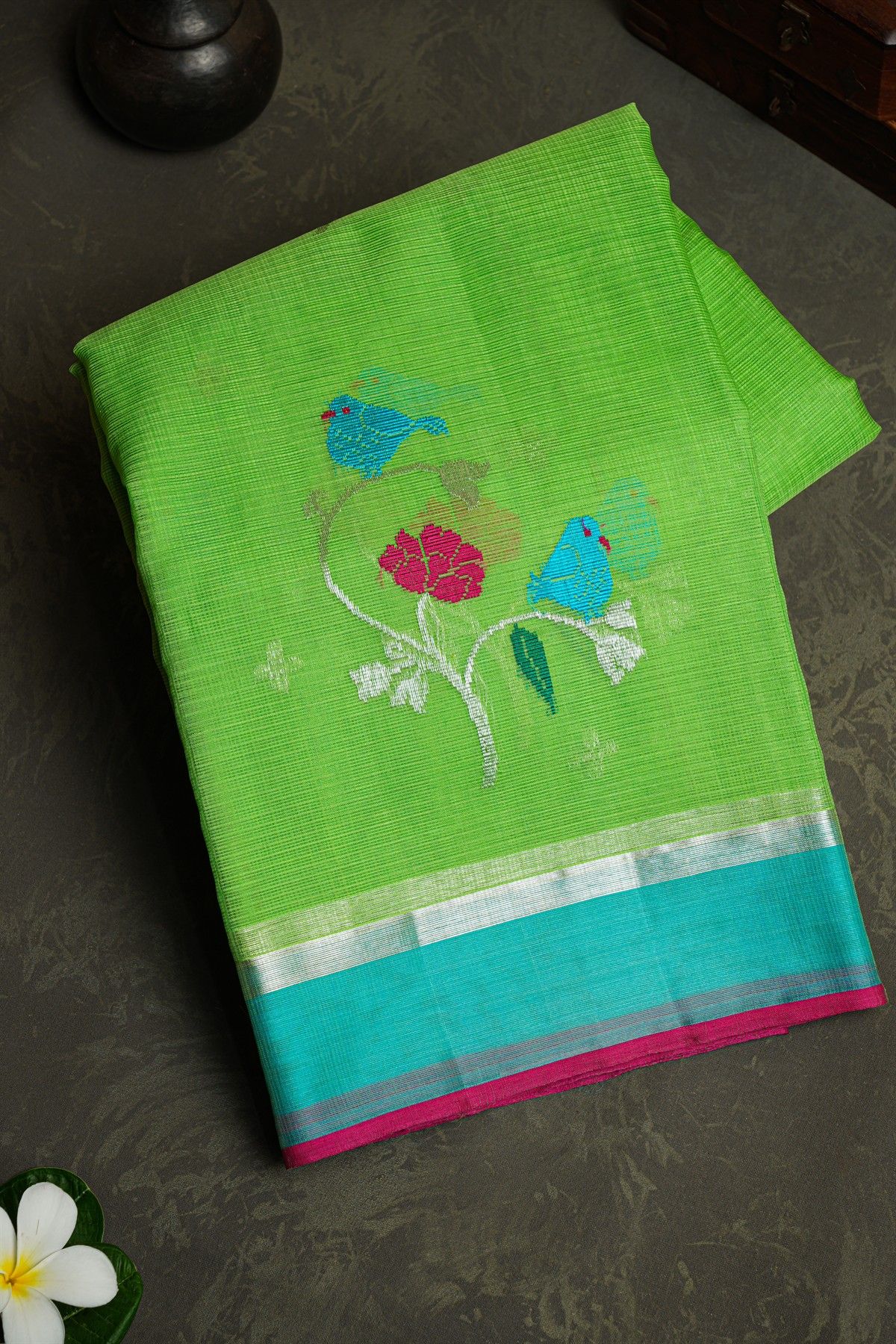 Zari Kota Parrot Green Saree