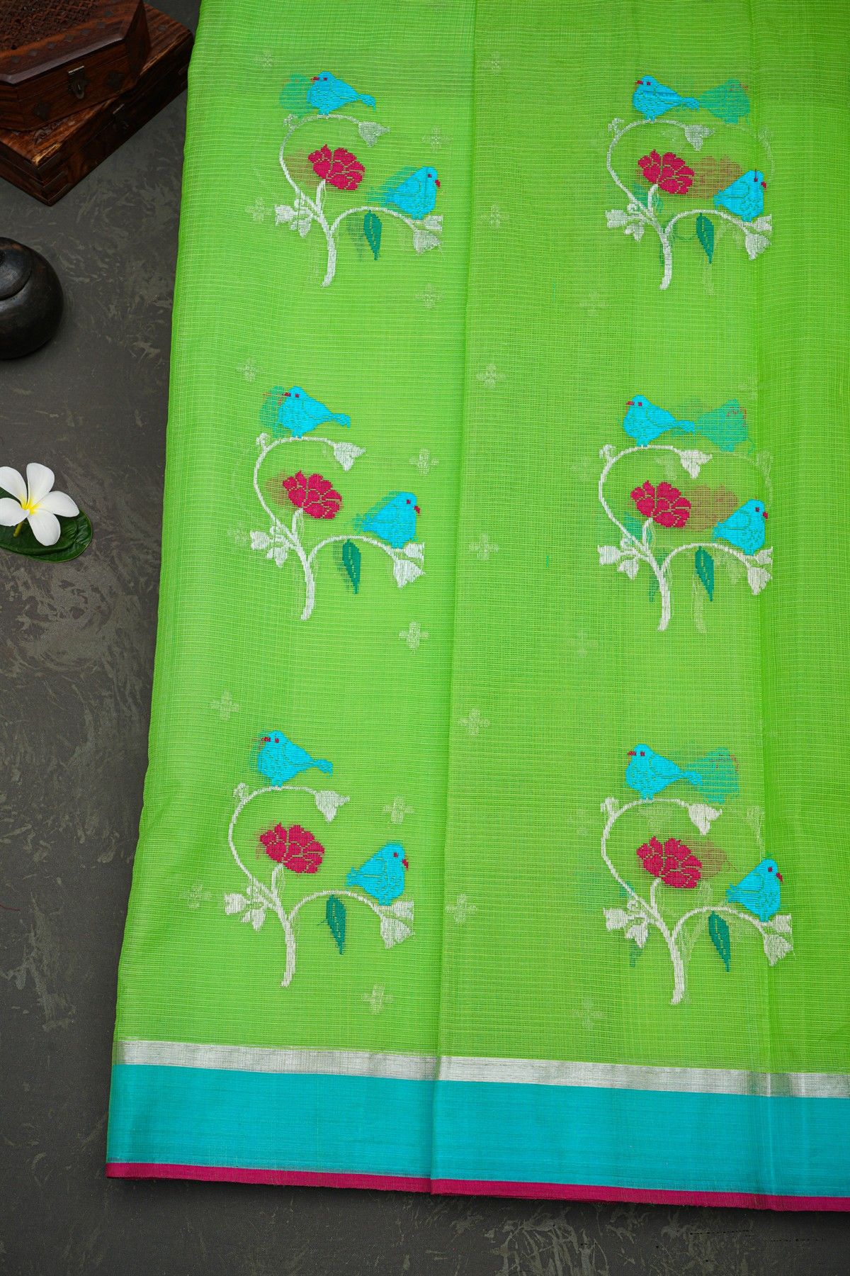 Zari Kota Parrot Green Saree
