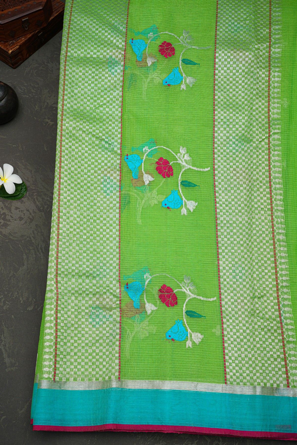 Zari Kota Parrot Green Saree
