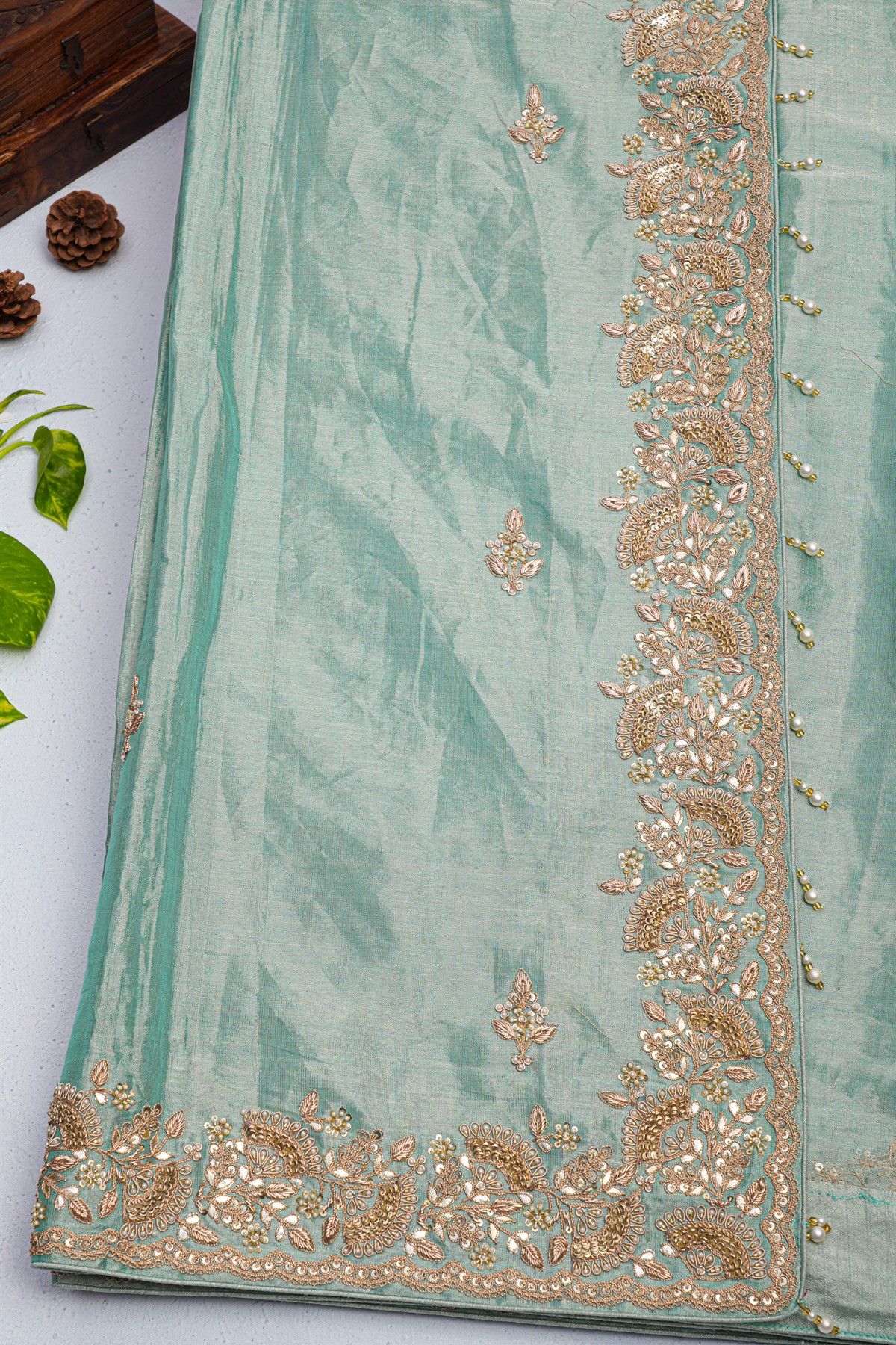 Designer Cocktail Tissue Ice Blue Saree