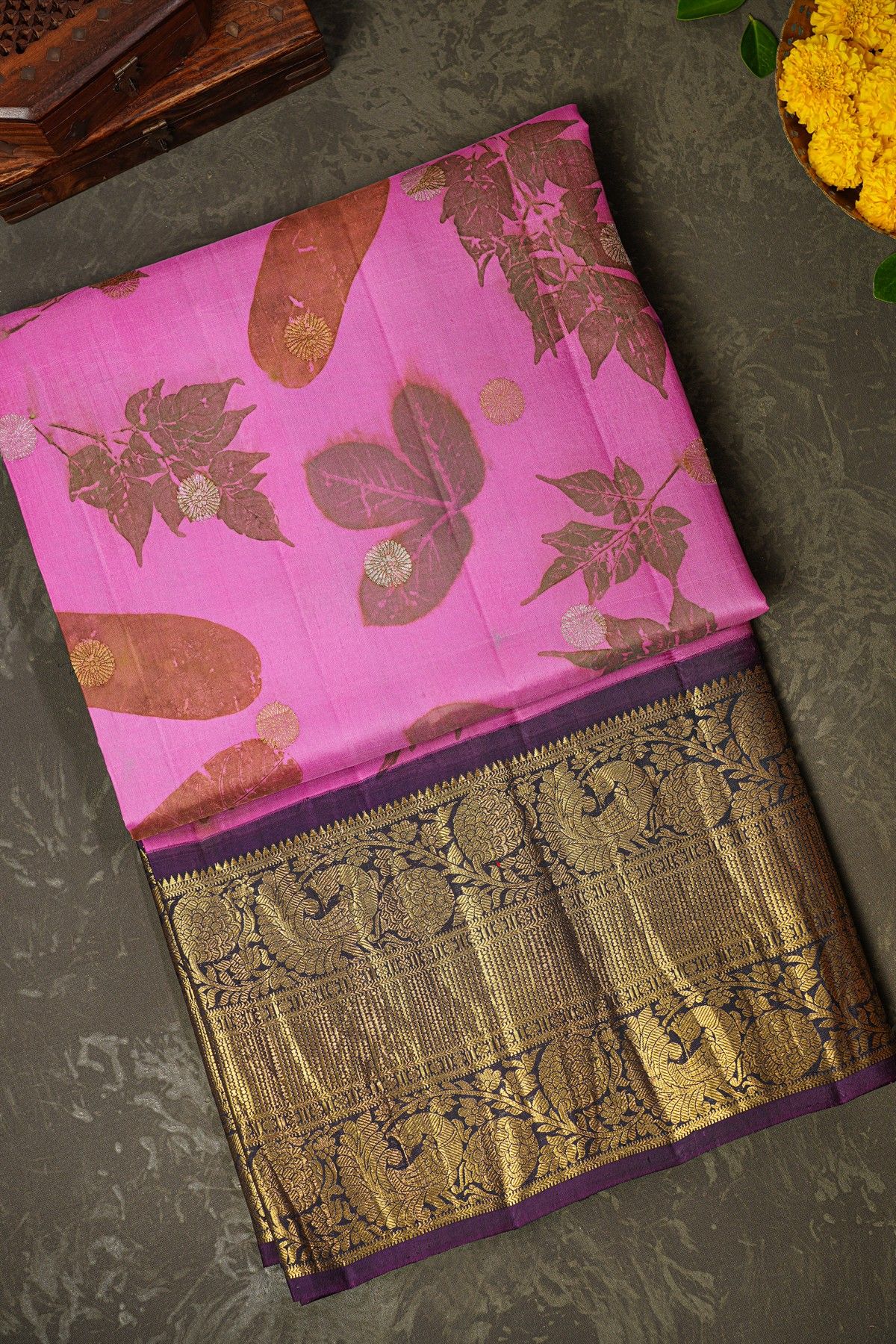 Kancheepuram Eco Print Silk Pink Saree