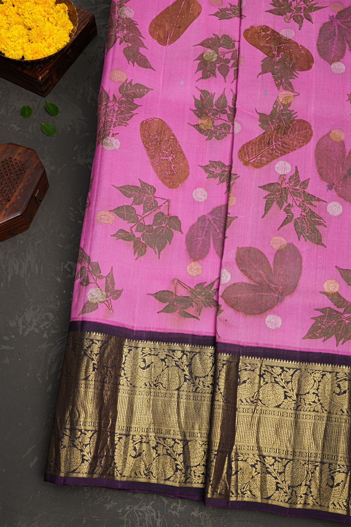 Kancheepuram Eco Print Silk Pink Saree