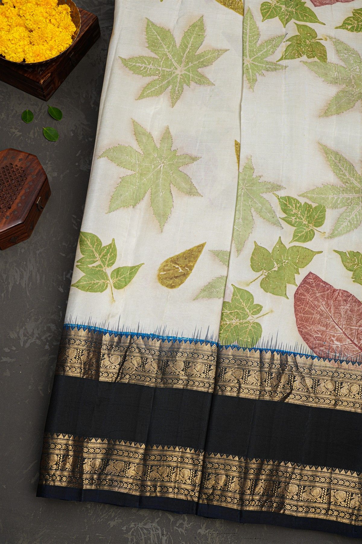Kancheepuram Eco Print Silk Off White Saree