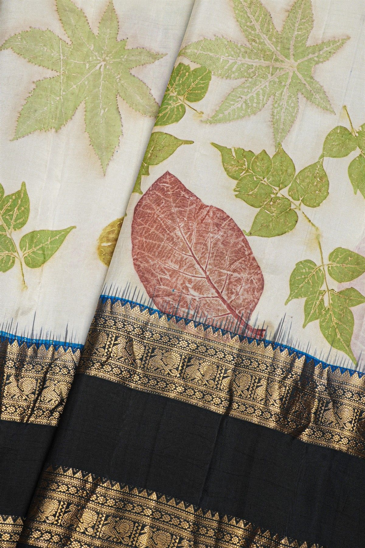Kancheepuram Eco Print Silk Off White Saree