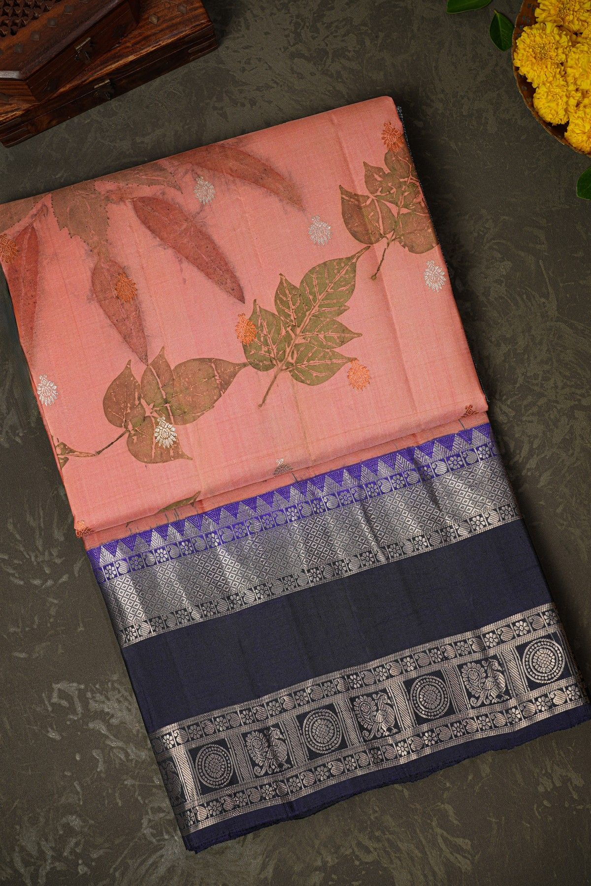 Kancheepuram Eco Print Silk Peach Saree