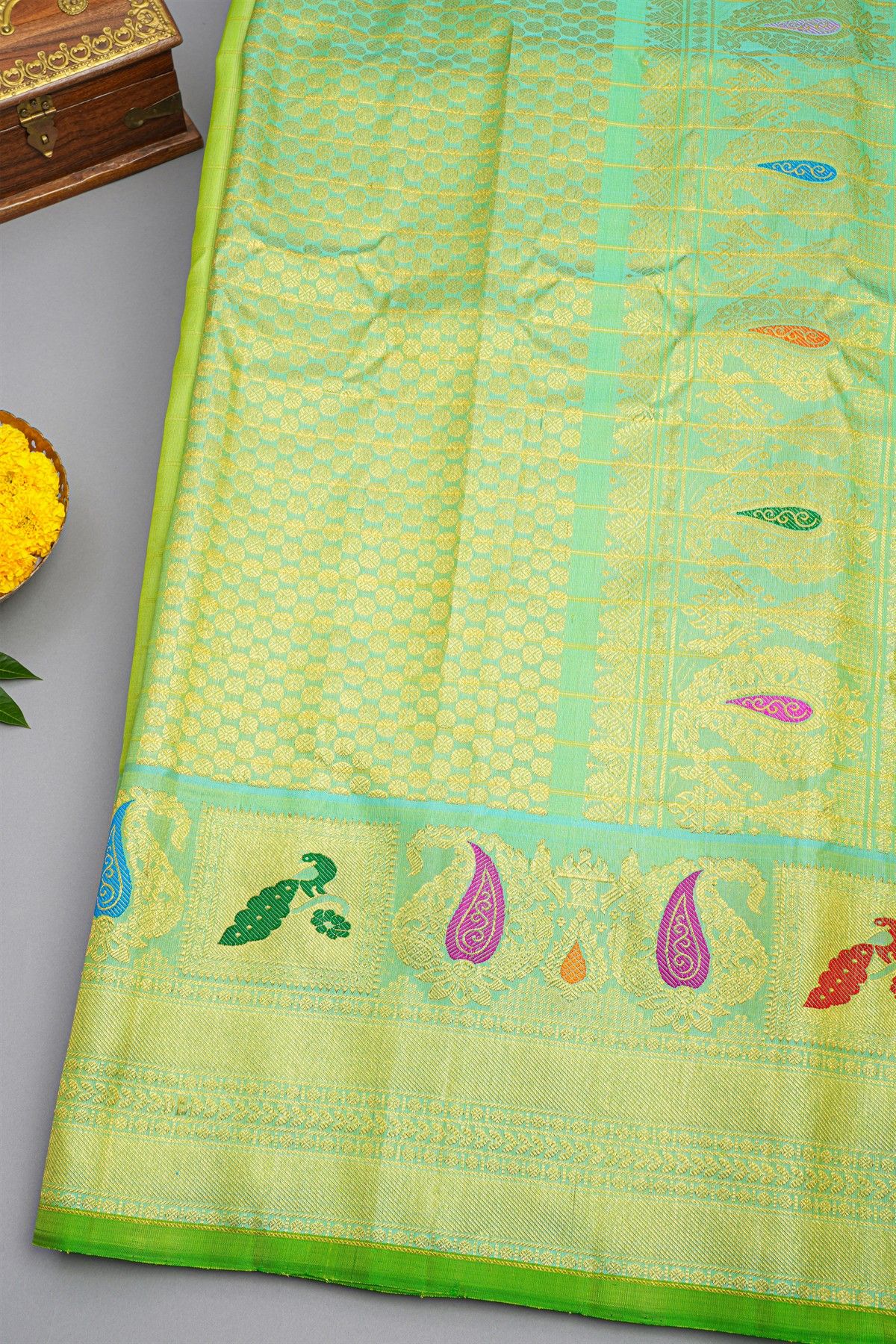 Gadwal Silk Parrot Green Saree
