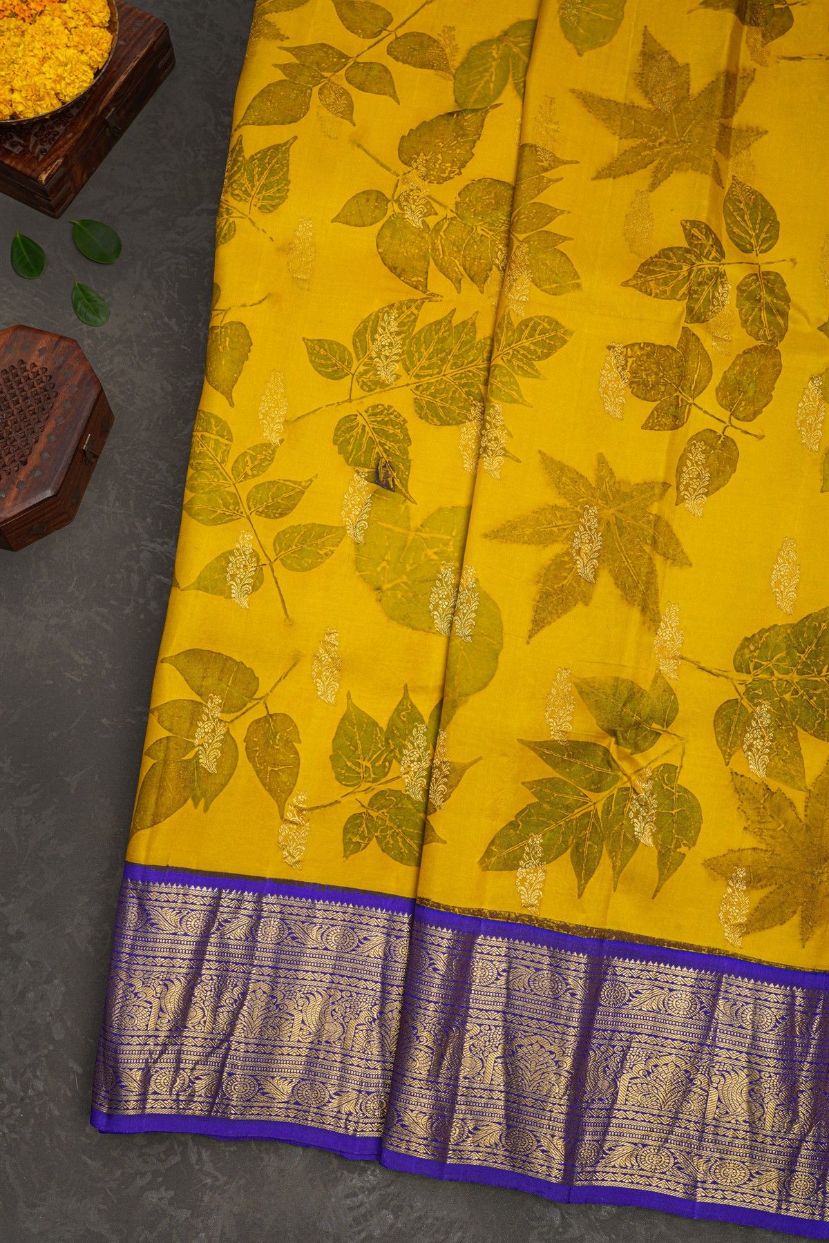 Kancheepuram Eco Print Silk Yellow Saree