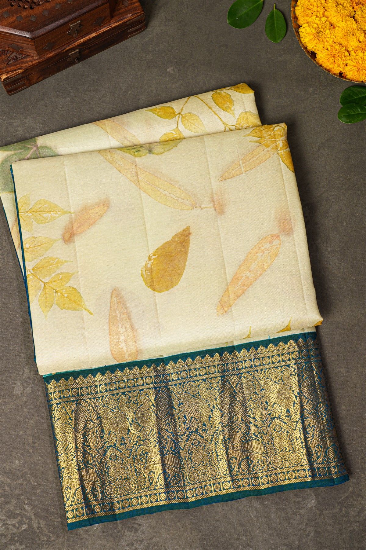 Kancheepuram Eco Print Silk Off White Saree