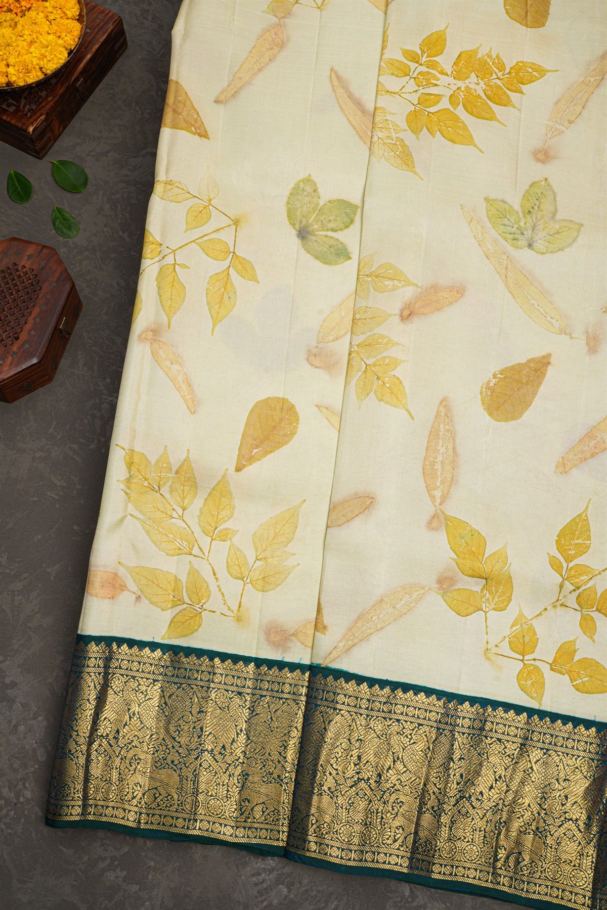 Kancheepuram Eco Print Silk Off White Saree