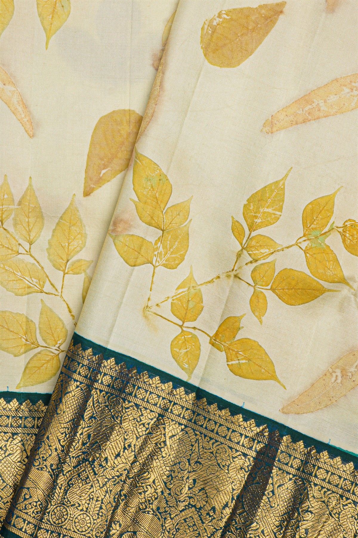 Kancheepuram Eco Print Silk Off White Saree