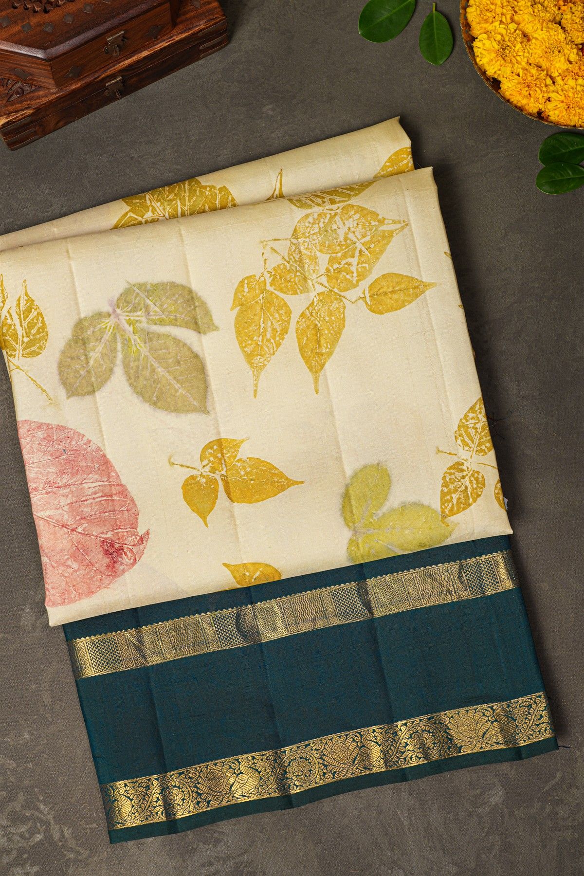 Kancheepuram Eco Print Silk Off White Saree